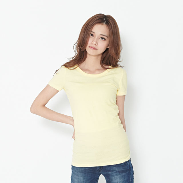 簡單 圓領 素面 蜜桃棉 女T 鵝黃色