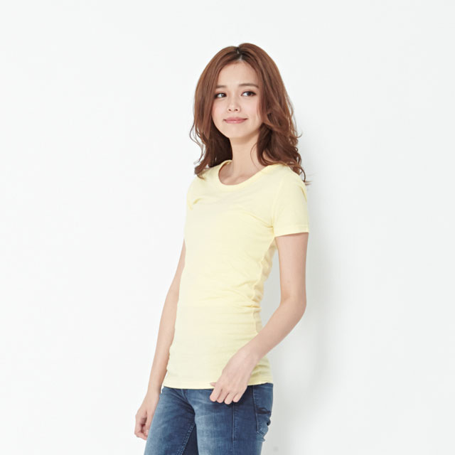 簡單 圓領 素面 蜜桃棉 女T 鵝黃色
