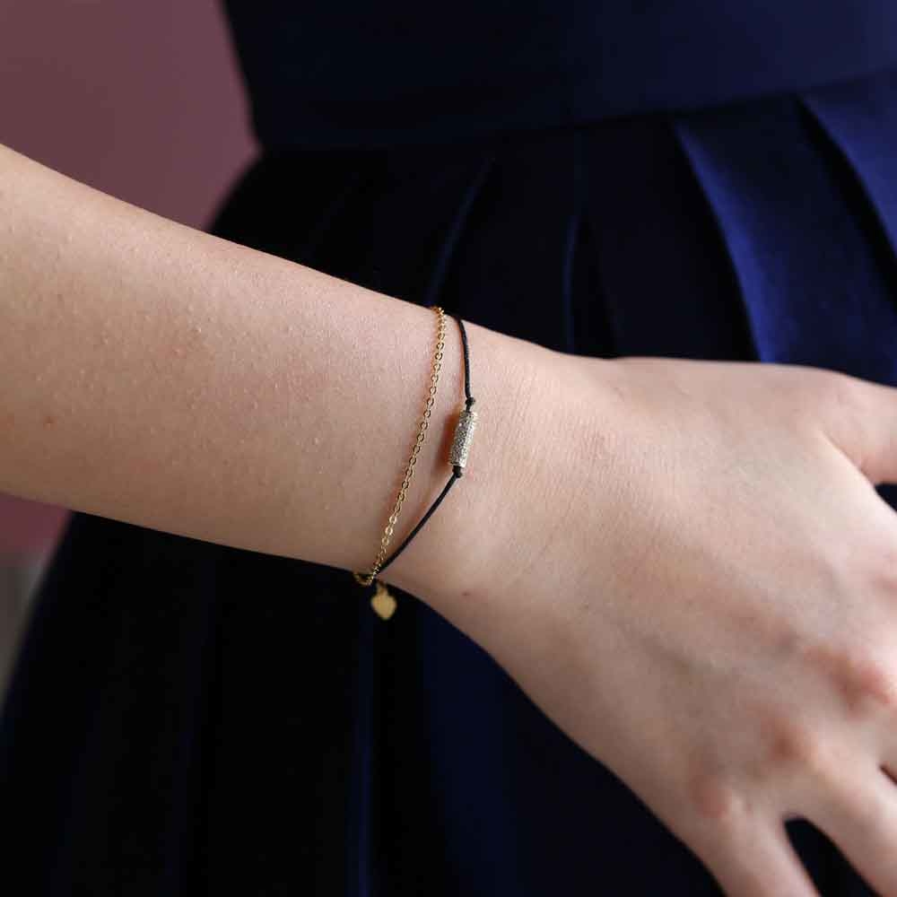 圓柱鑲鑽 鍍金黑繩雙條手鍊