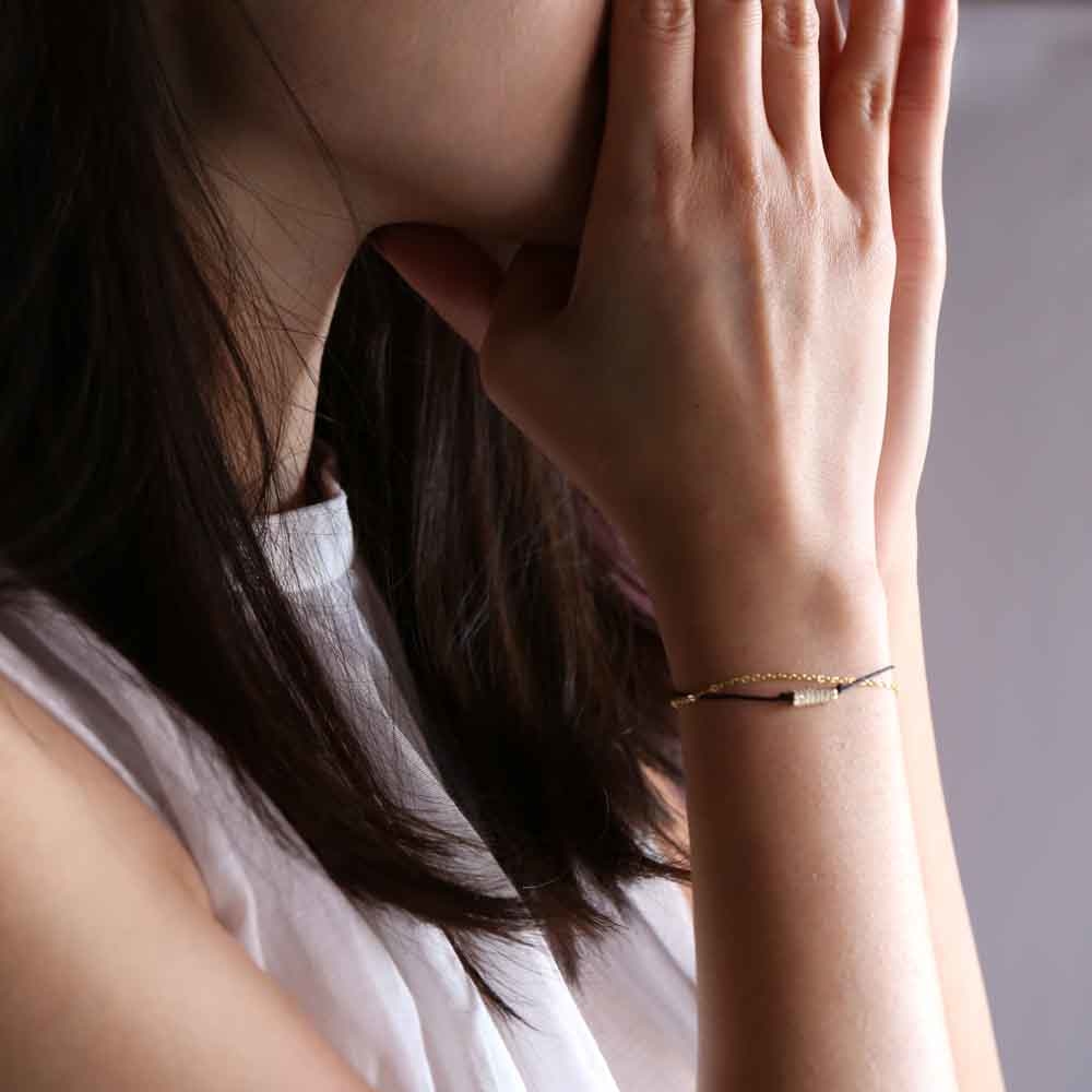 圓柱鑲鑽 鍍金黑繩雙條手鍊