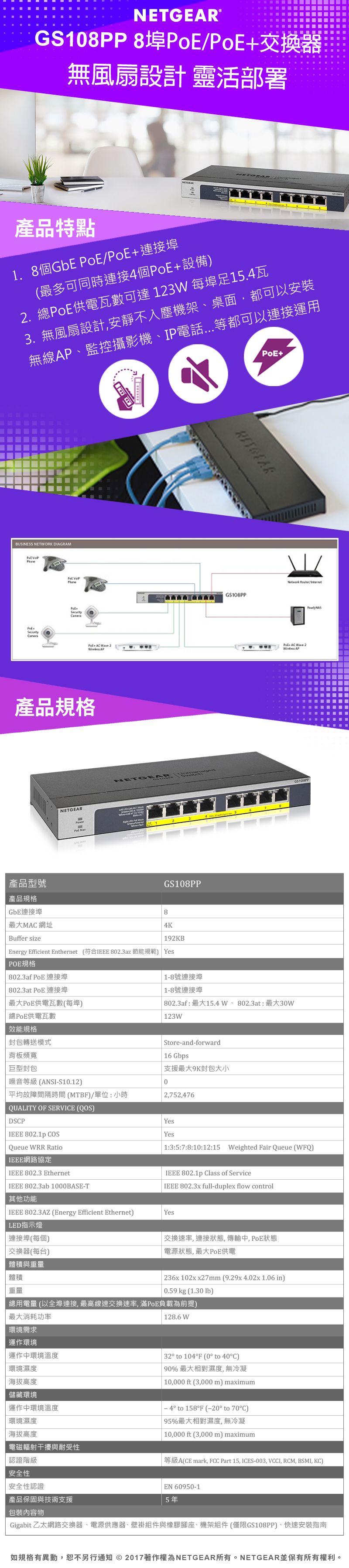 NETGEAR GS108PP 8埠Gigabit PoE+ 總PoE瓦數123W