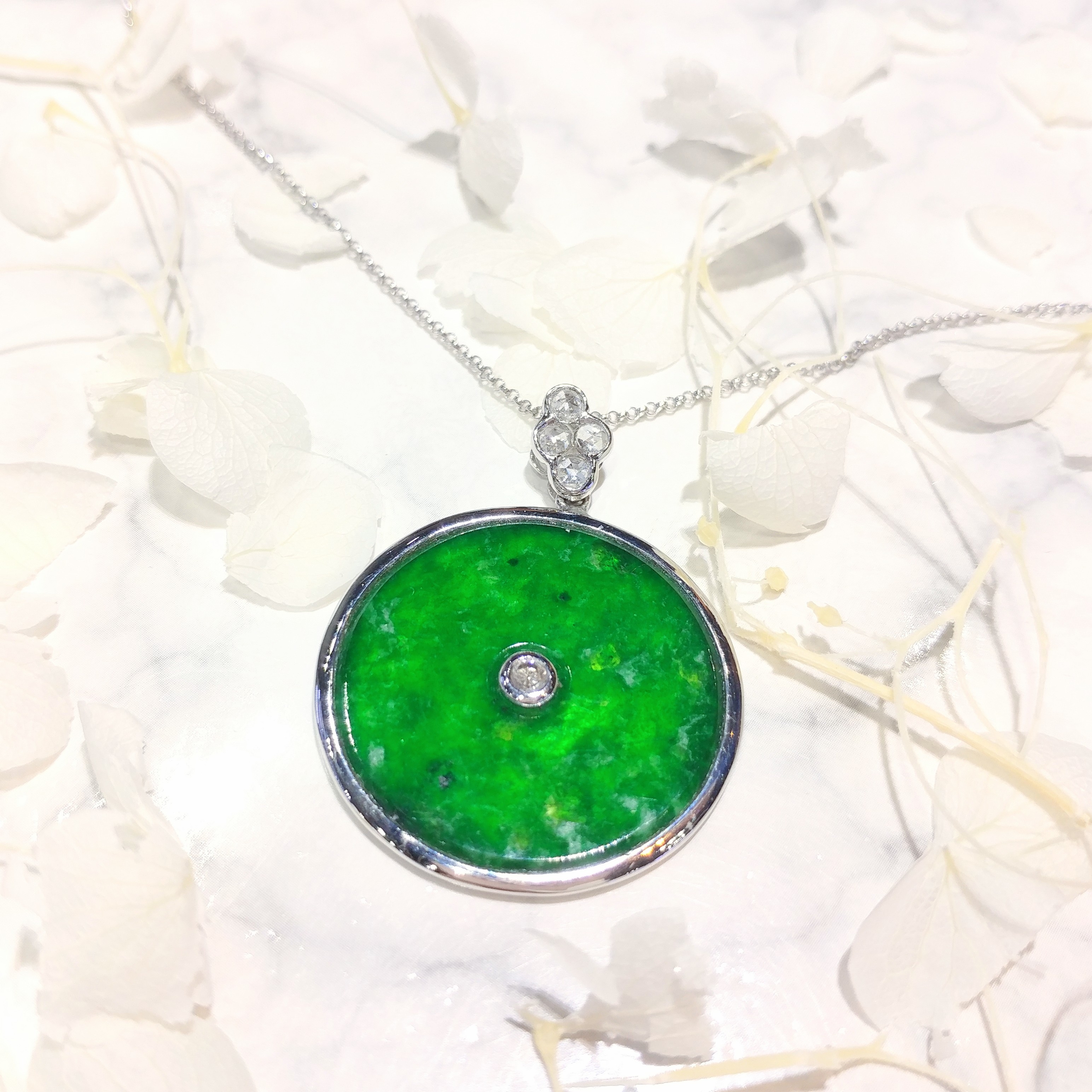 18K White Gold 0.34ct Diamond and Jade Pendant