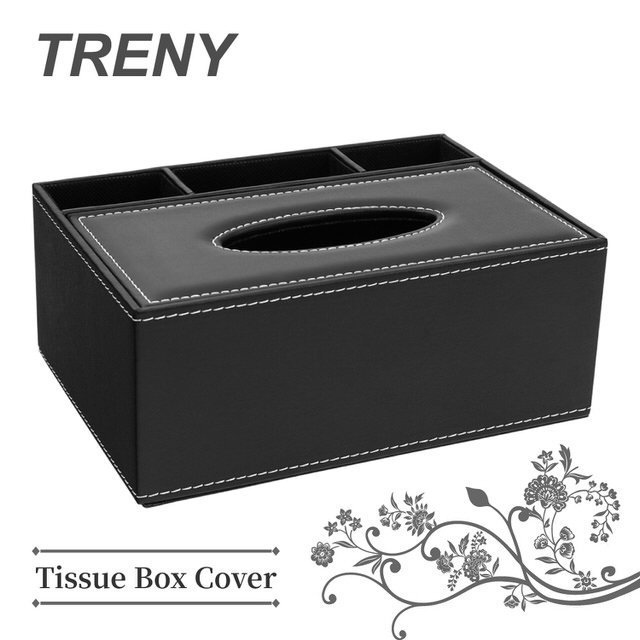 TRENY 黑平紋皮革面紙盒 - 3格
