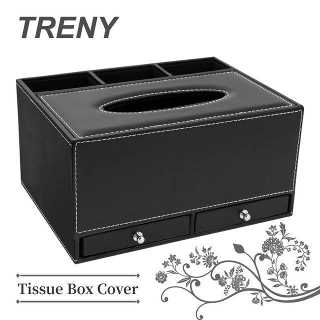 TRENY 黑平紋皮革面紙盒 - 3格+抽屜