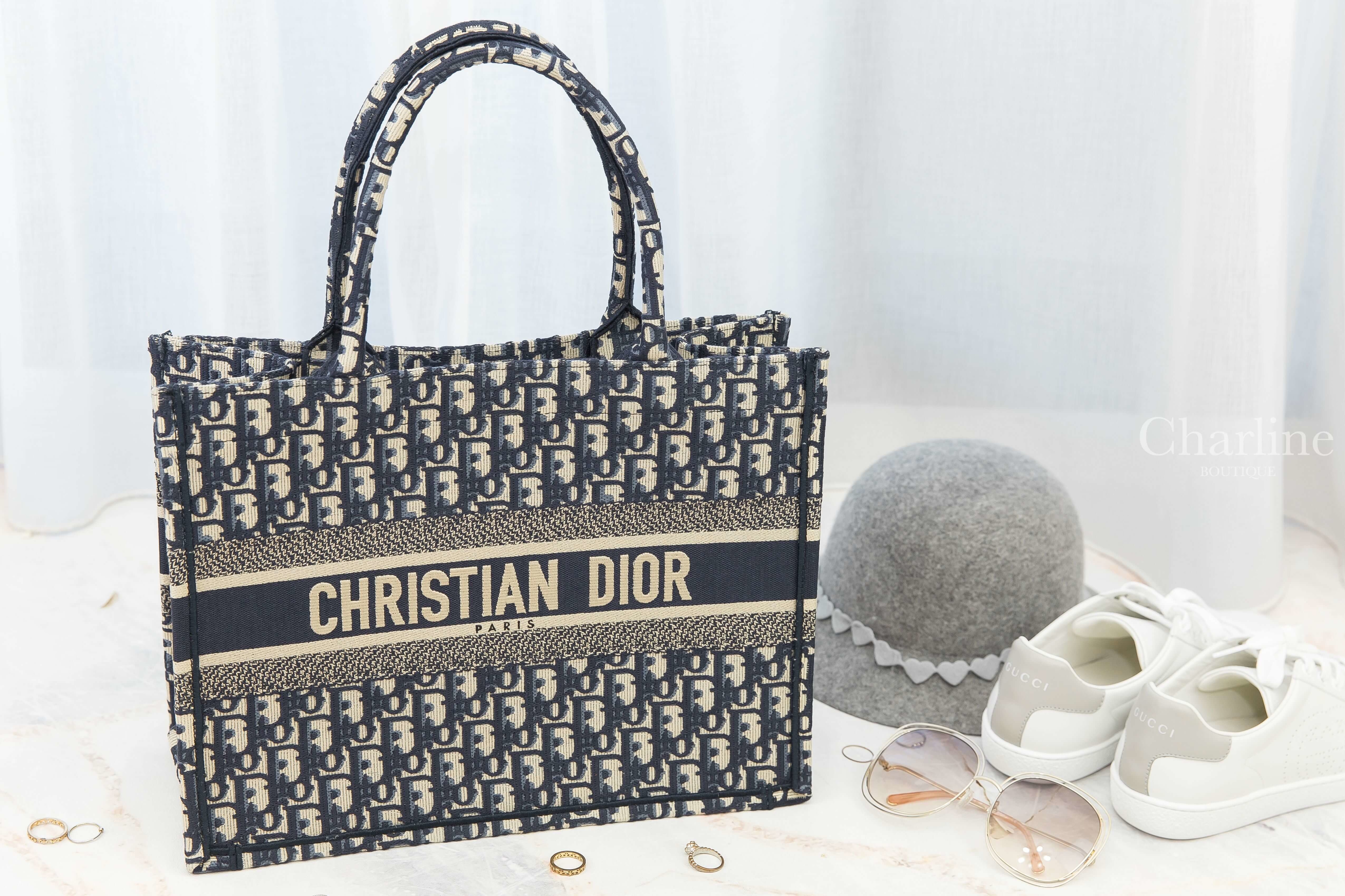 Dior Medium Dior Book Tote 深藍色復古老花小牛皮帆布提把中型托特包