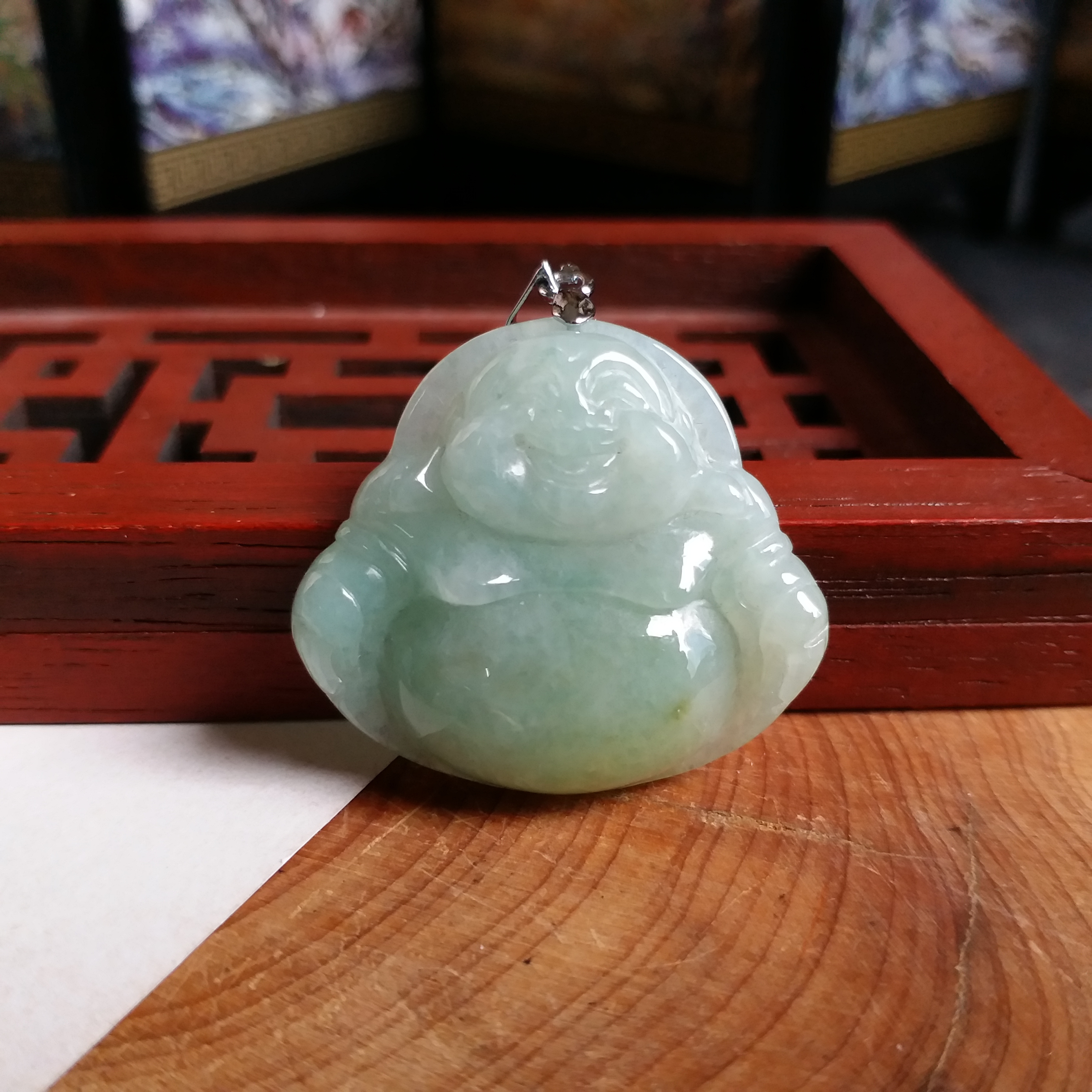 P1411004 冰糯蘋果綠帶金笑佛吊墜