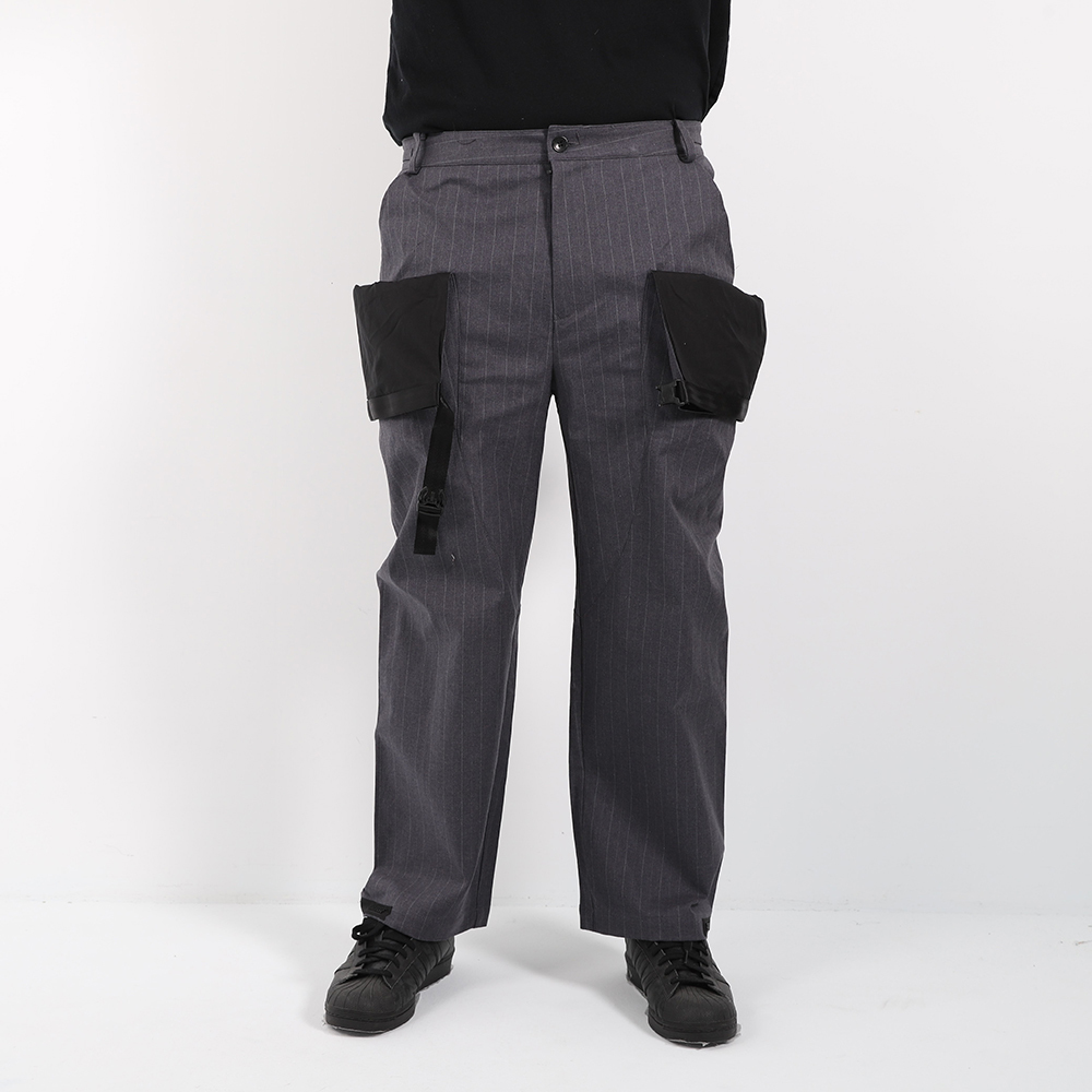 空間可調整寬褲 - 灰條