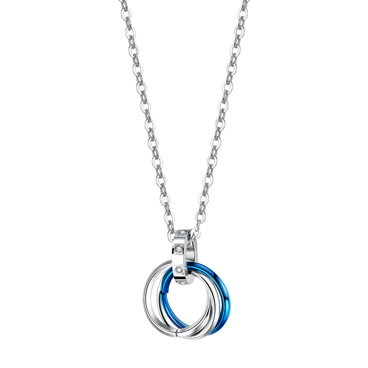 白鋼對鍊，情侶項鍊 經典三環設計；三生三世（7553藍色）