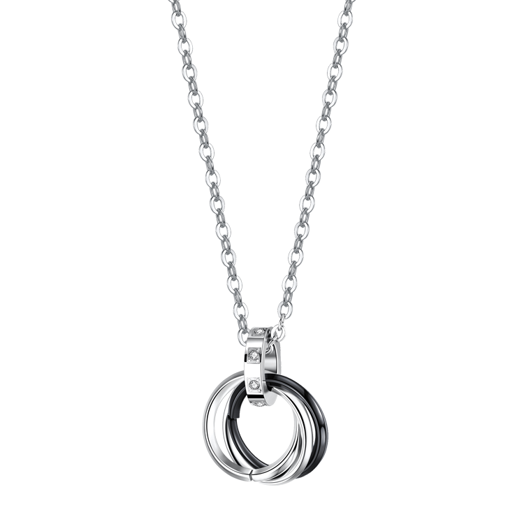白鋼對鍊，情侶項鍊 經典三環設計；三生三世（7553黑色）