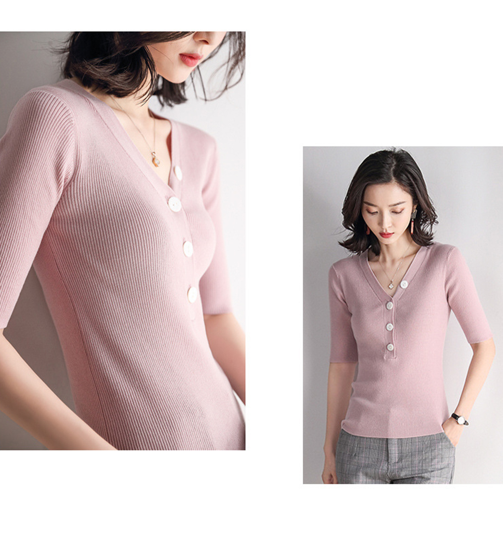 DEER.W V襟貝殼圓釦坑條針織上衣 粉色