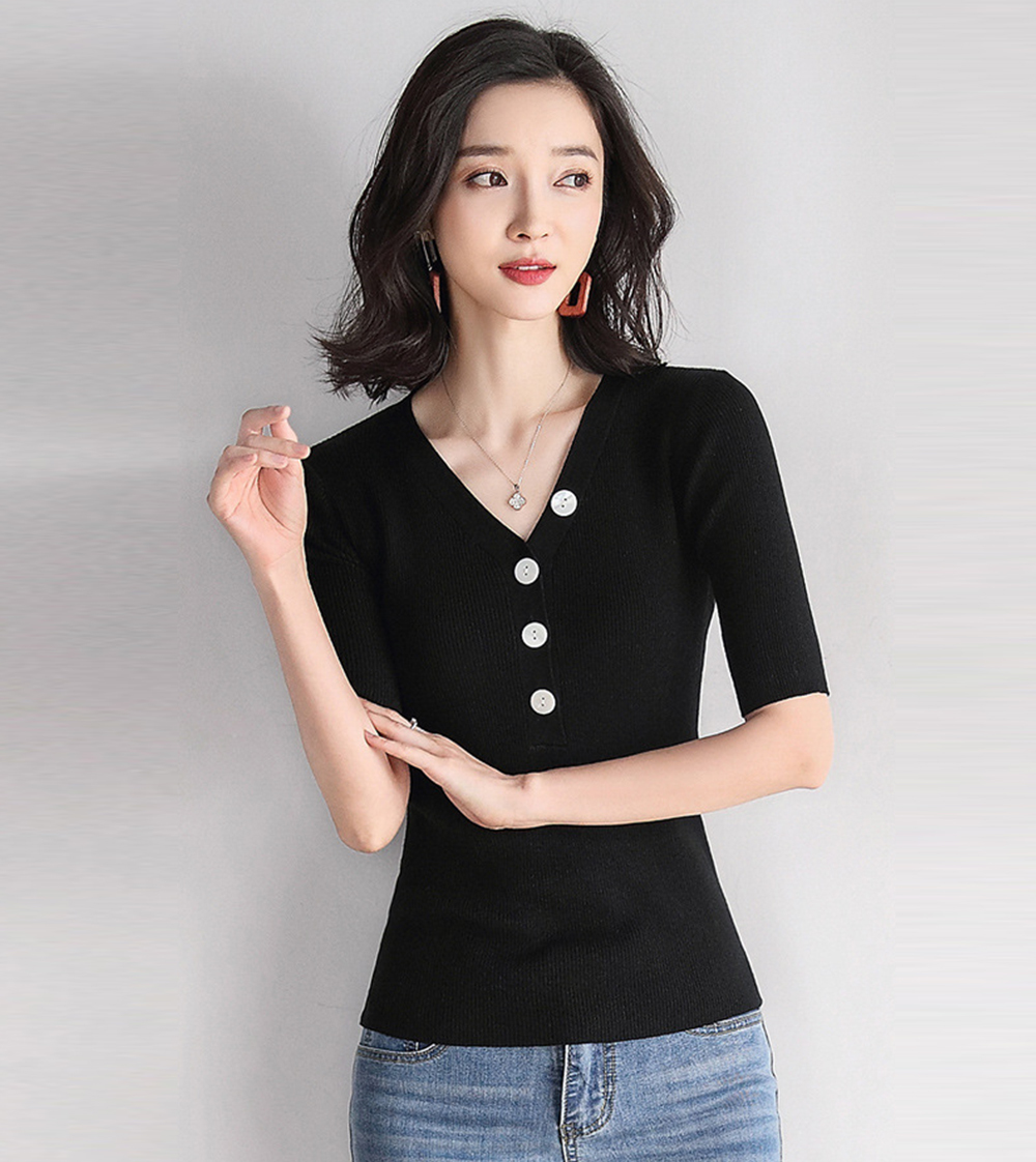 DEER.W V襟貝殼圓釦坑條針織上衣 黑色