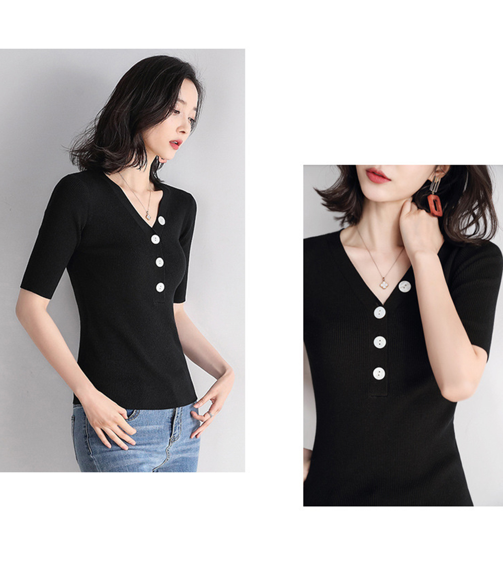 DEER.W V襟貝殼圓釦坑條針織上衣 黑色