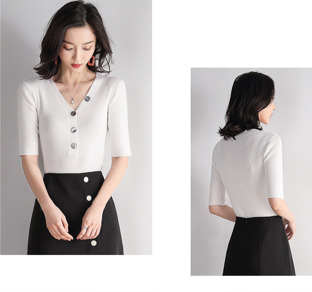 DEER.W V襟貝殼圓釦坑條針織上衣 白色