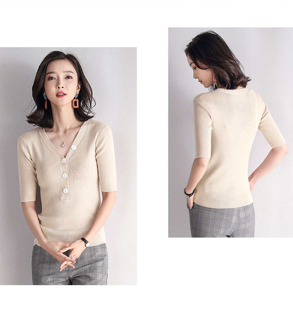 DEER.W V襟貝殼圓釦坑條針織上衣 杏色