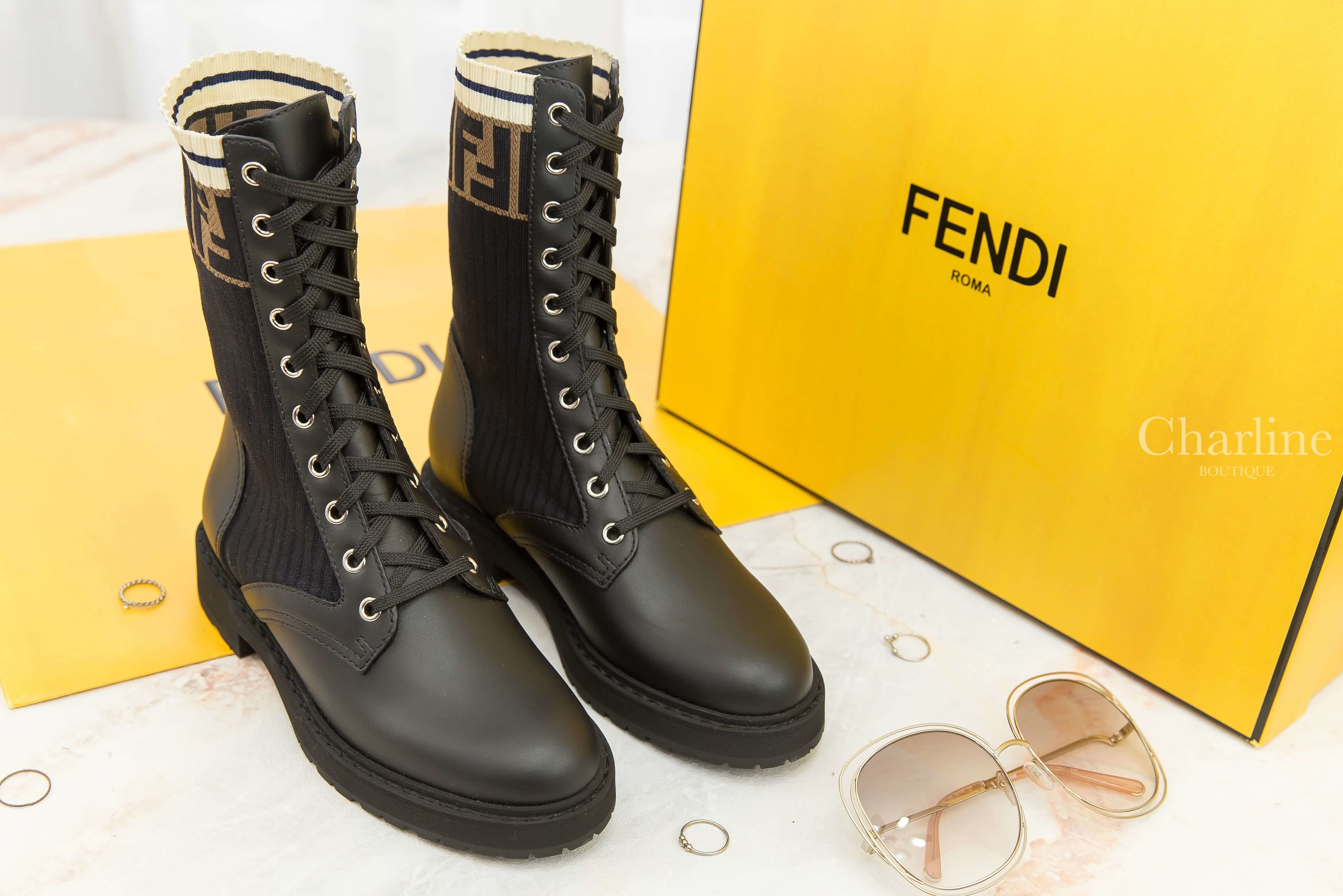 Fendi Ankle Boots 黑色小牛皮拼接針織咖啡色FF綁帶筒靴