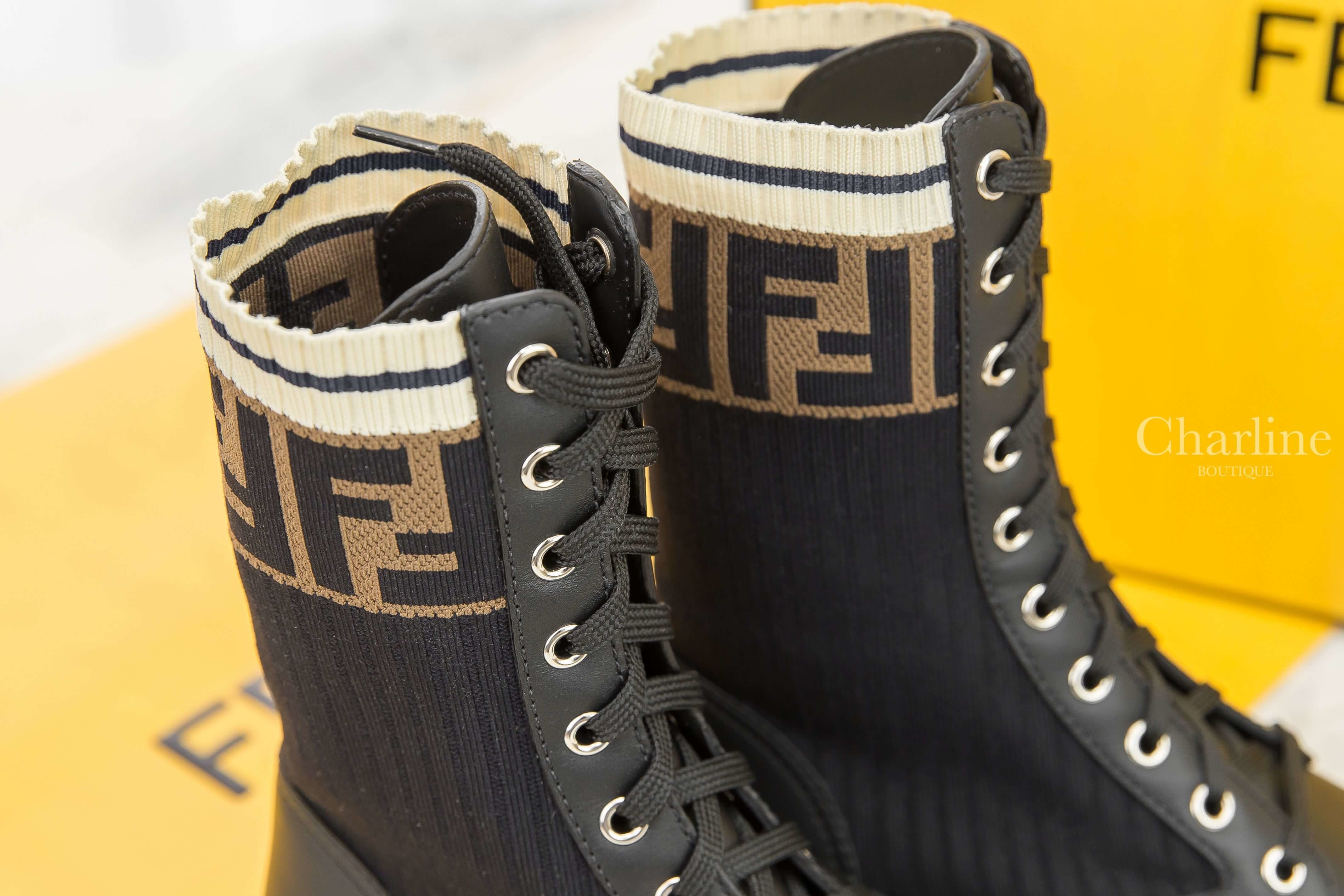 Fendi Ankle Boots 黑色小牛皮拼接針織咖啡色FF綁帶筒靴
