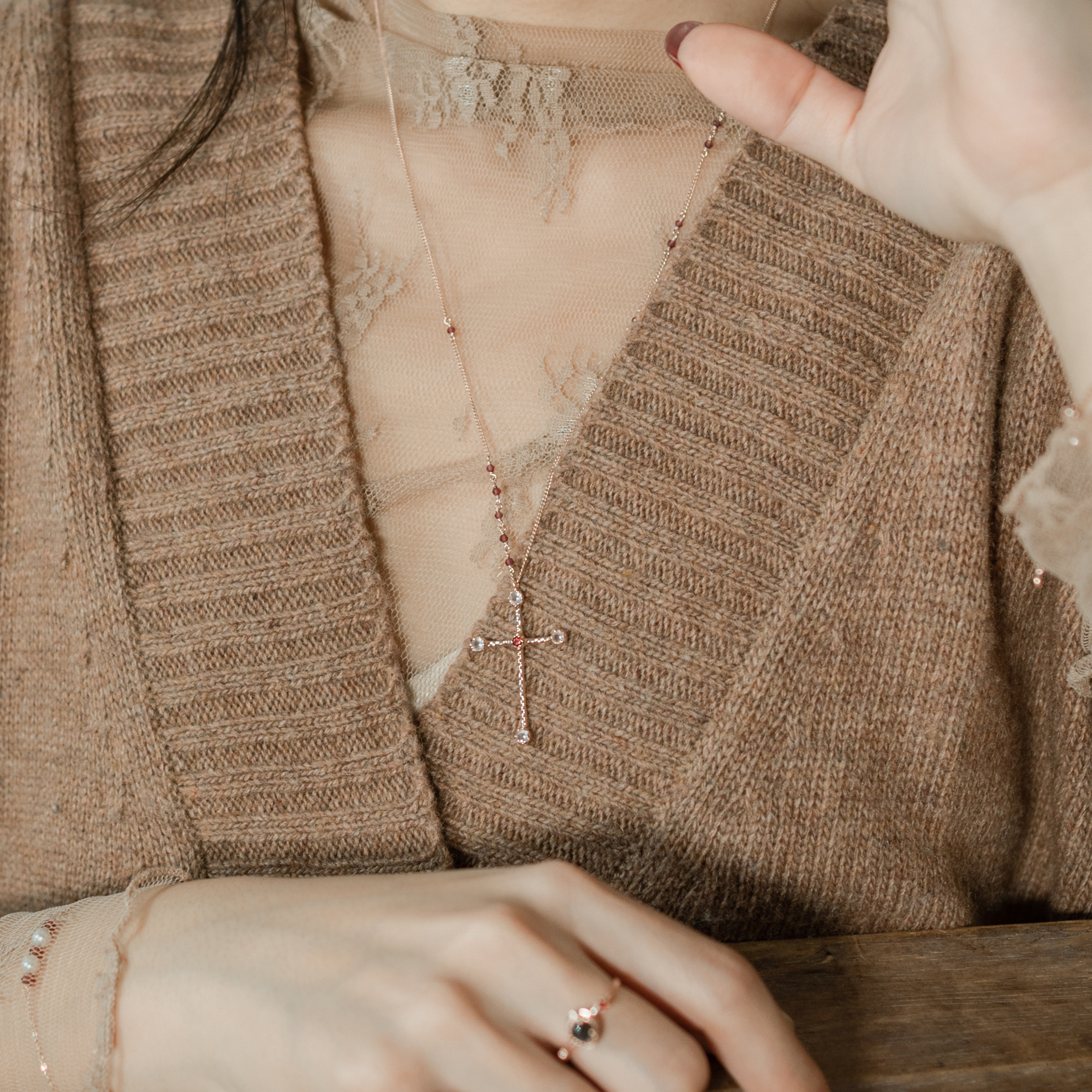 Gem Cross粉晶石榴石長鍊-玫瑰金