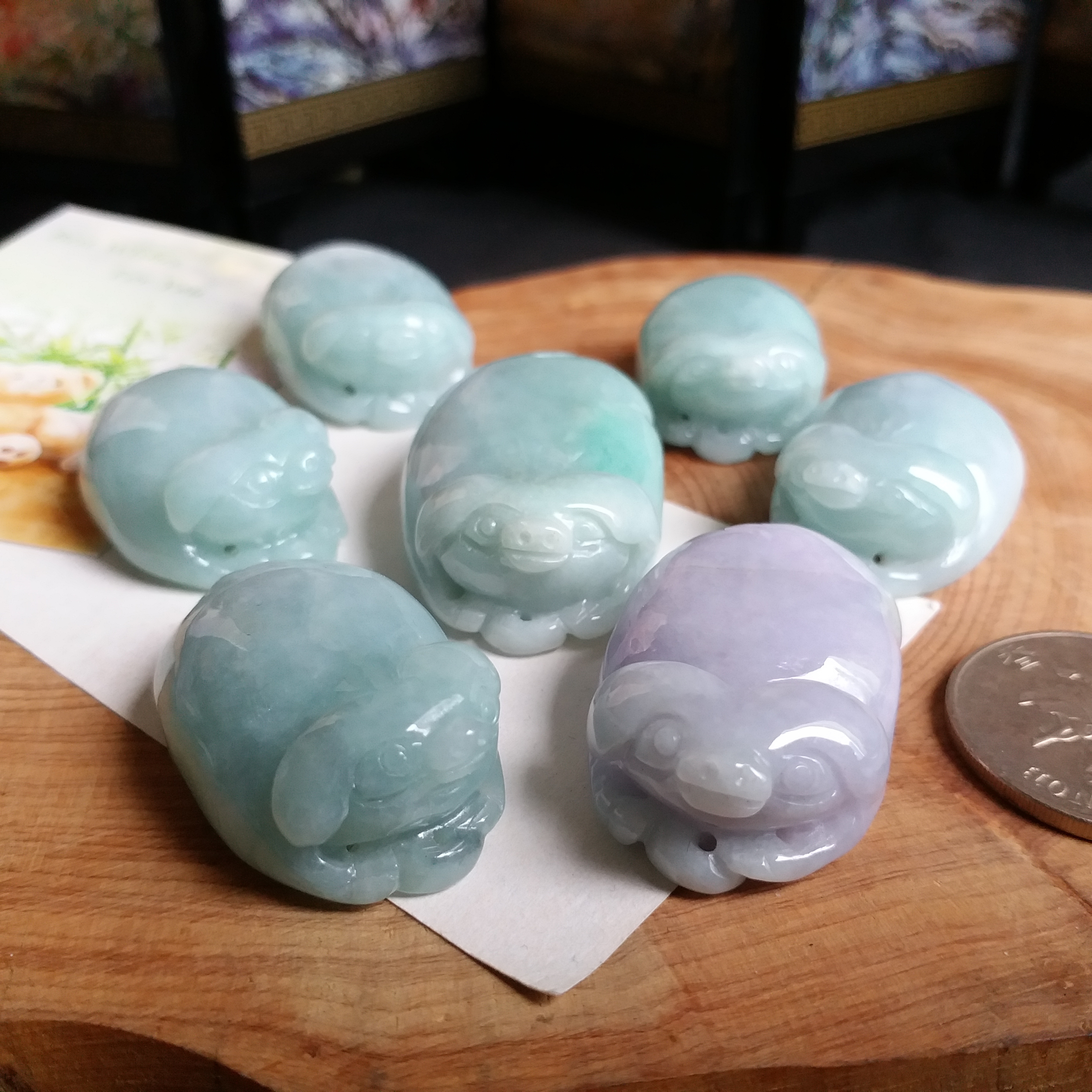 七小福豬擺件 一套7件, 天然翡翠A玉, 緬甸玉, Jade, Jadeite
