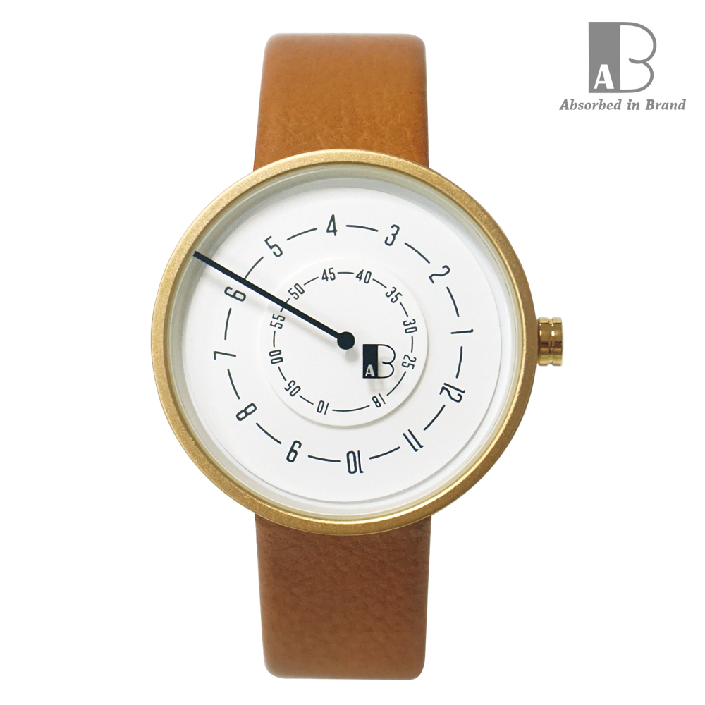 A in B 愛司博得  簡約時尚轉盤手錶 棕色皮革錶帶霧金錶框39mm