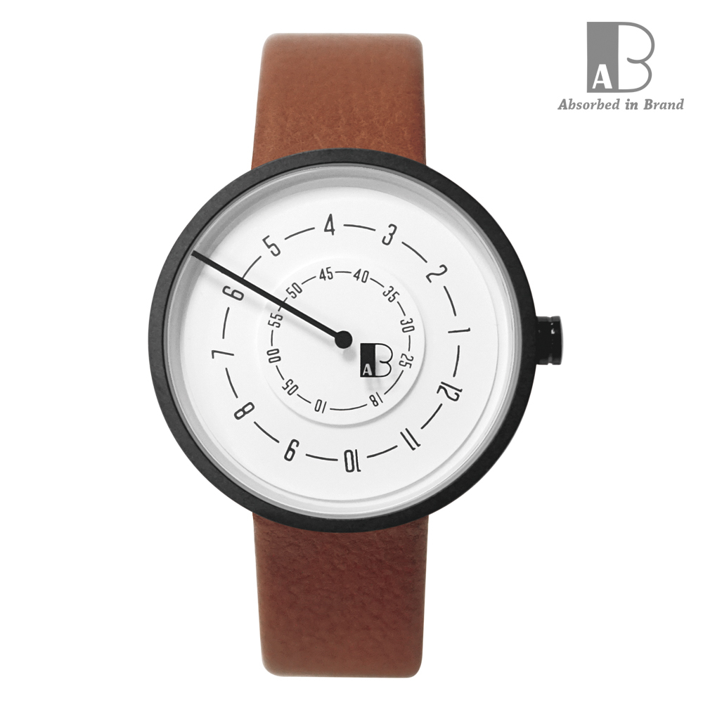 A in B 愛司博得  簡約時尚轉盤手錶 咖啡色皮革錶帶消光黑錶框39mm