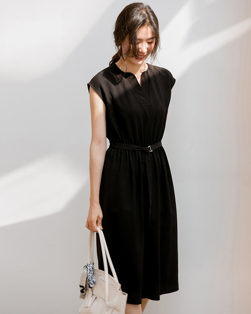 黑L【零碼出清不退換】開襟半袖收腰雪紡洋裝