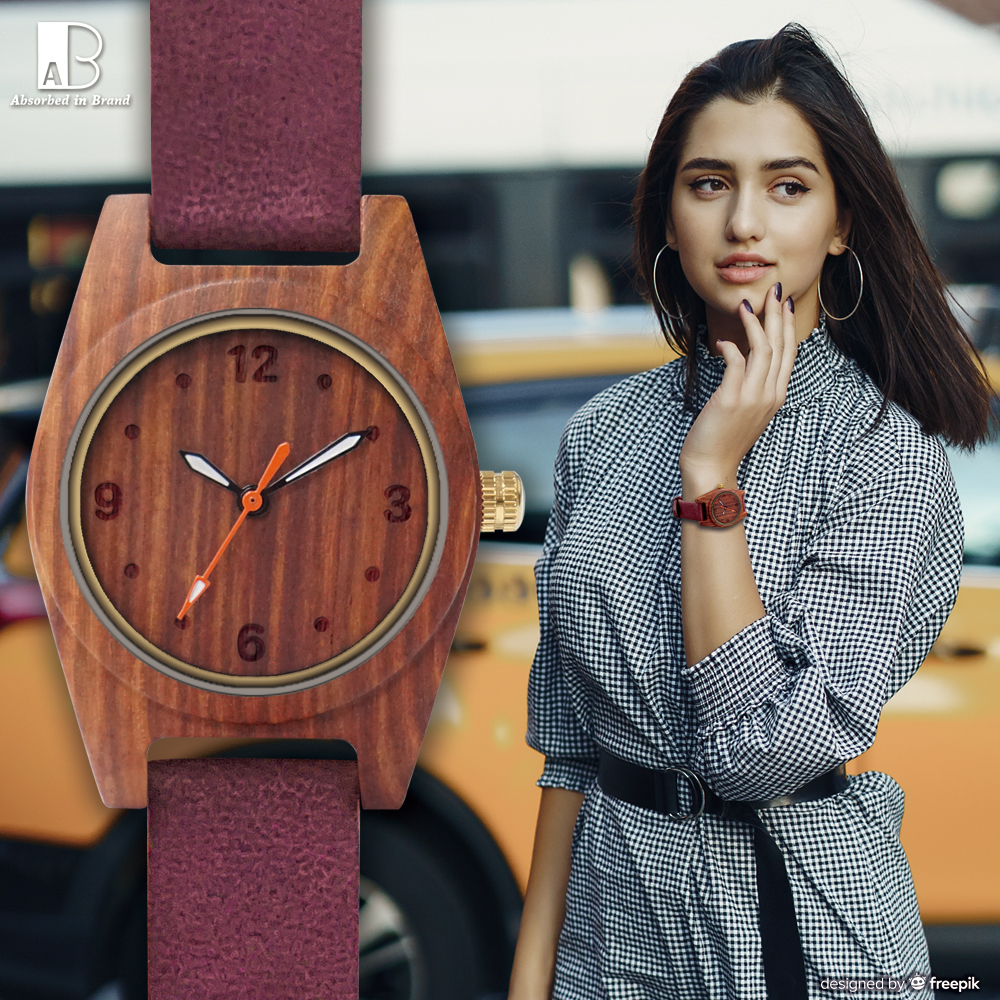 A in B 愛司博得  都會典雅木頭手錶 葡萄紫色皮革錶帶紅檀錶框31mm