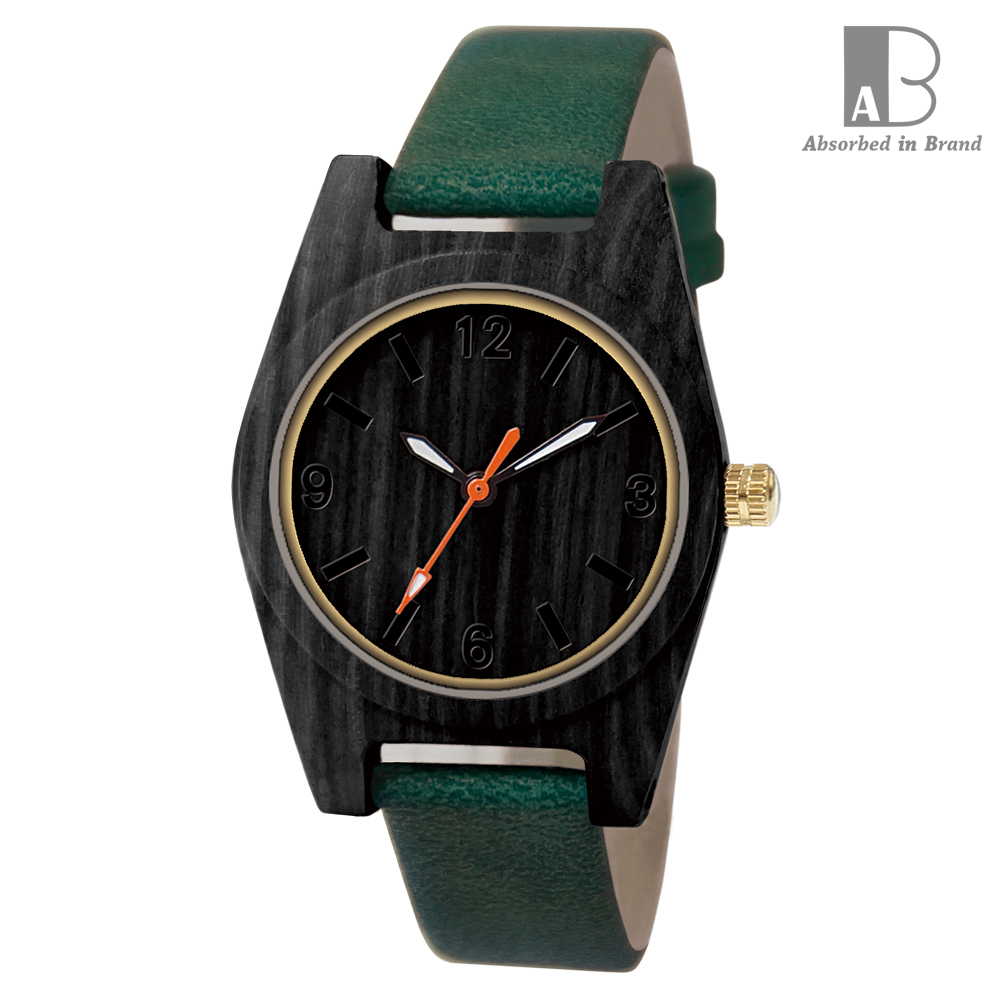 A in B 愛司博得  都會典雅木頭手錶 墨綠色皮革錶帶黑檀錶框31mm