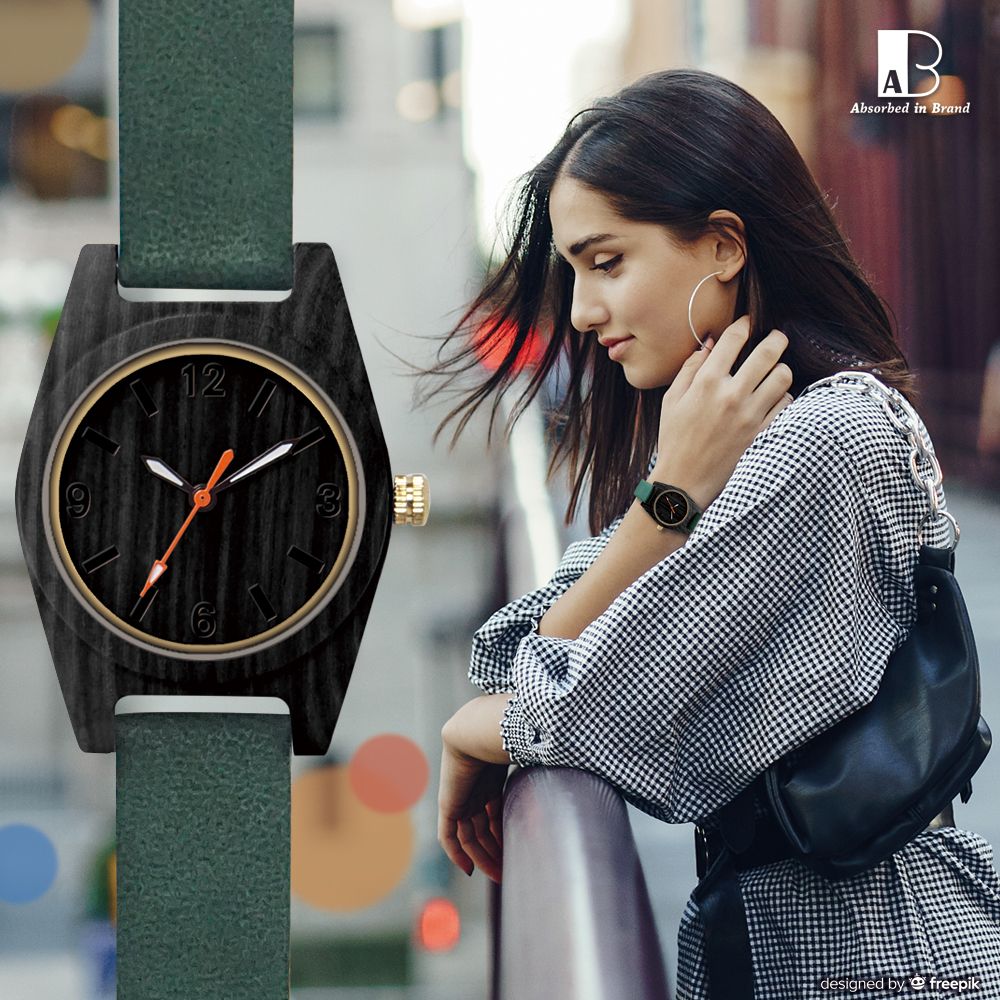 A in B 愛司博得  都會典雅木頭手錶 墨綠色皮革錶帶黑檀錶框31mm