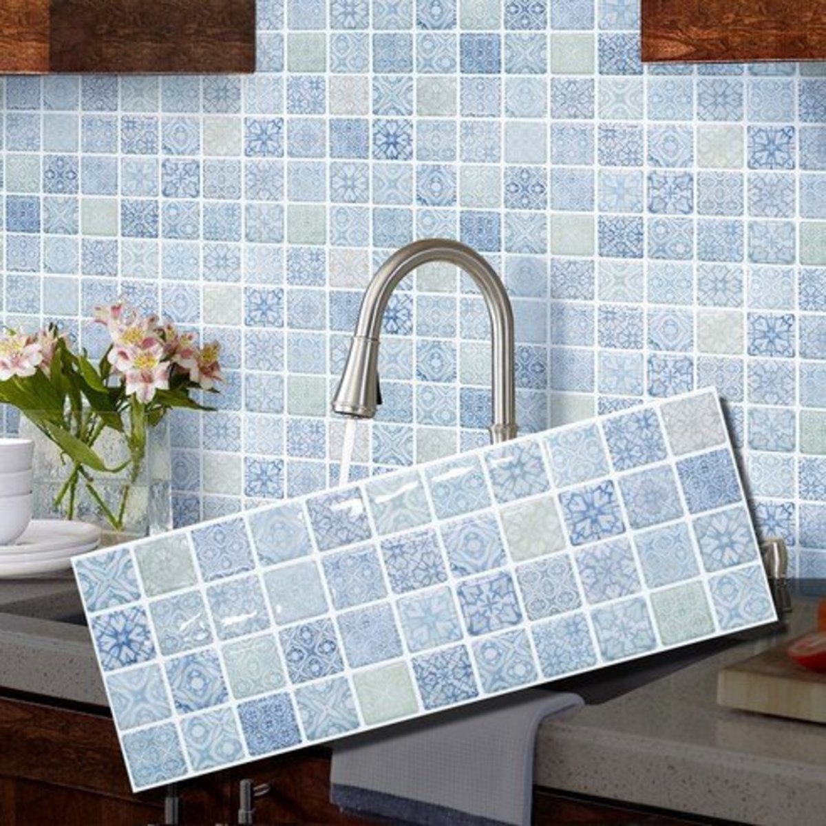 【BEAUSTILE】3D 浴室及廚房多功能牆紙貼(深藍色萬花筒圖紋)