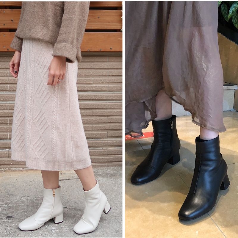 【第一支舞】小牛皮拉鍊小方帶圓頭Ｔ型鞋跟鞋面不對稱Ｌ車縫襪靴