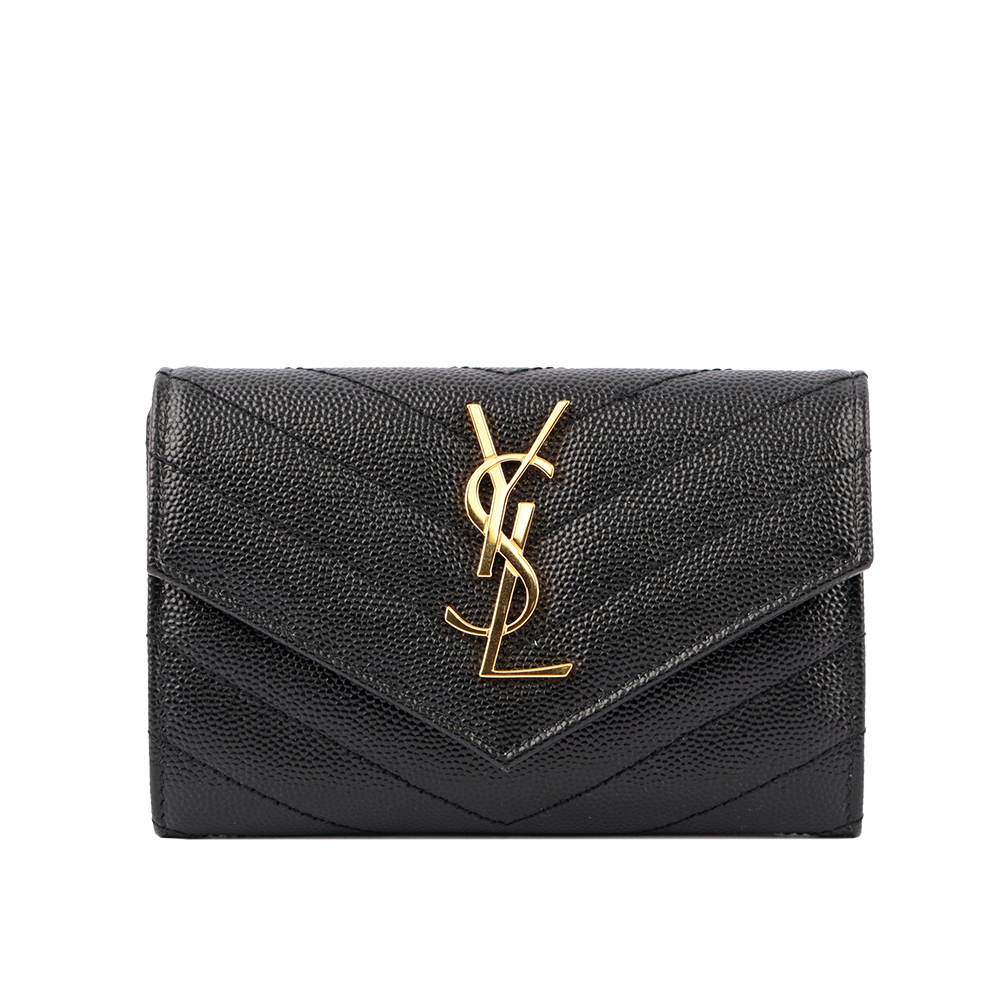 【YSL/ Yves Saint Laurent】山形紋荔枝皮金字logo小卡/短夾(黑) 414404 BOW01 1000