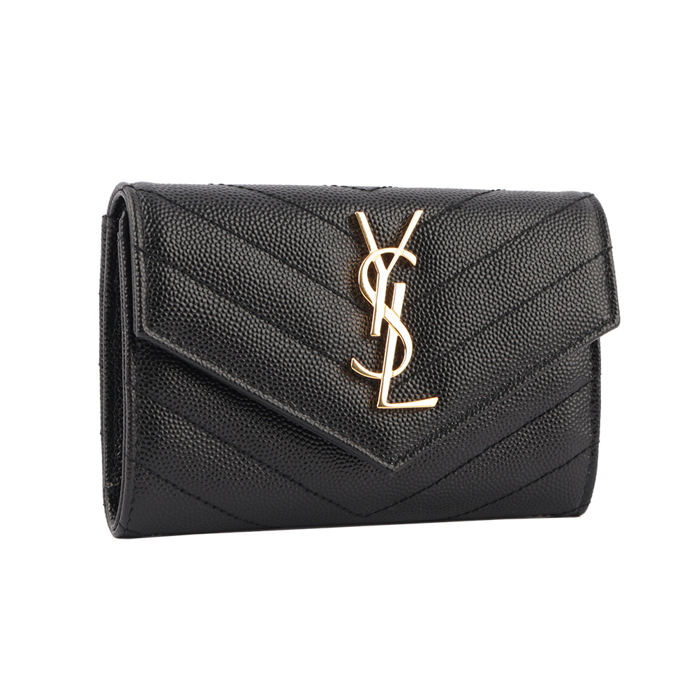 【YSL/ Yves Saint Laurent】山形紋荔枝皮金字logo小卡/短夾(黑) 414404 BOW01 1000