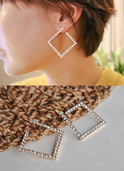 [現貨] 方形排鑽耳環(金色)