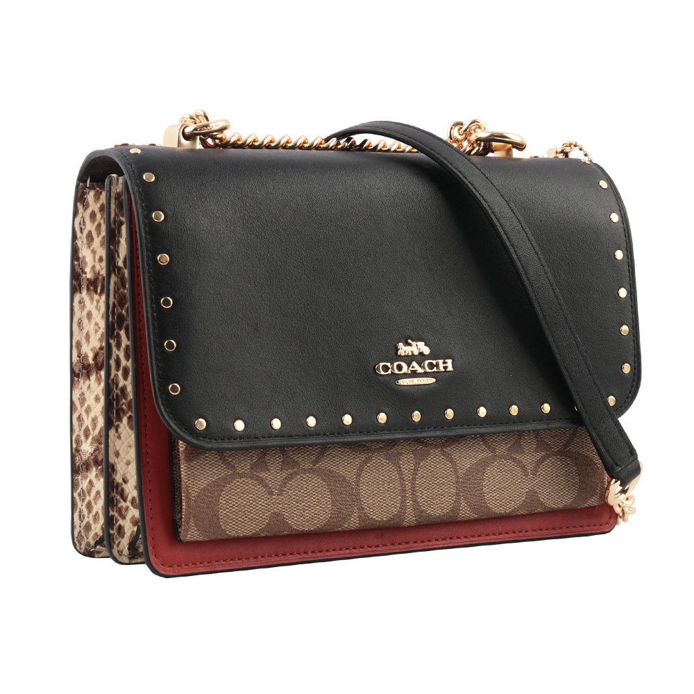 【COACH】90400 拚色+蛇壓紋皮革鉚釘鏈帶斜背包
