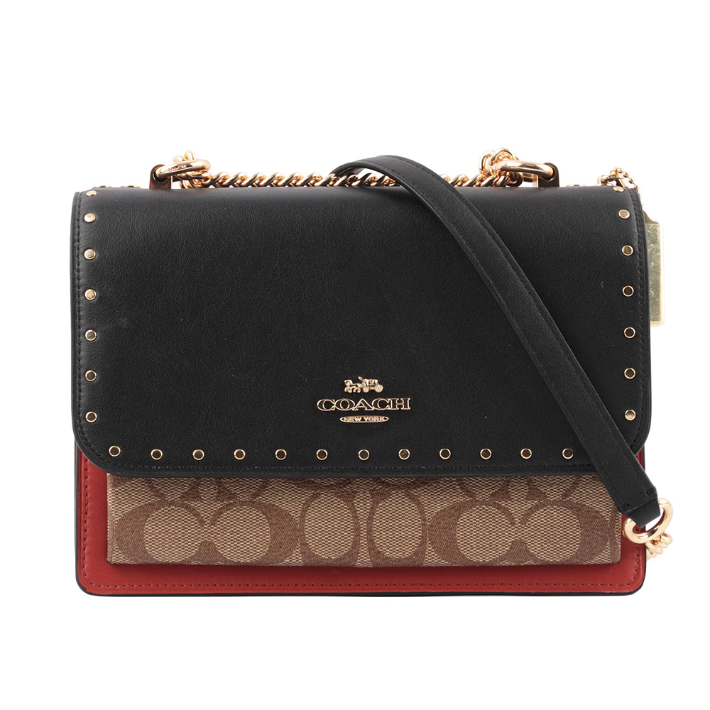 【COACH】90400 拚色+蛇壓紋皮革鉚釘鏈帶斜背包