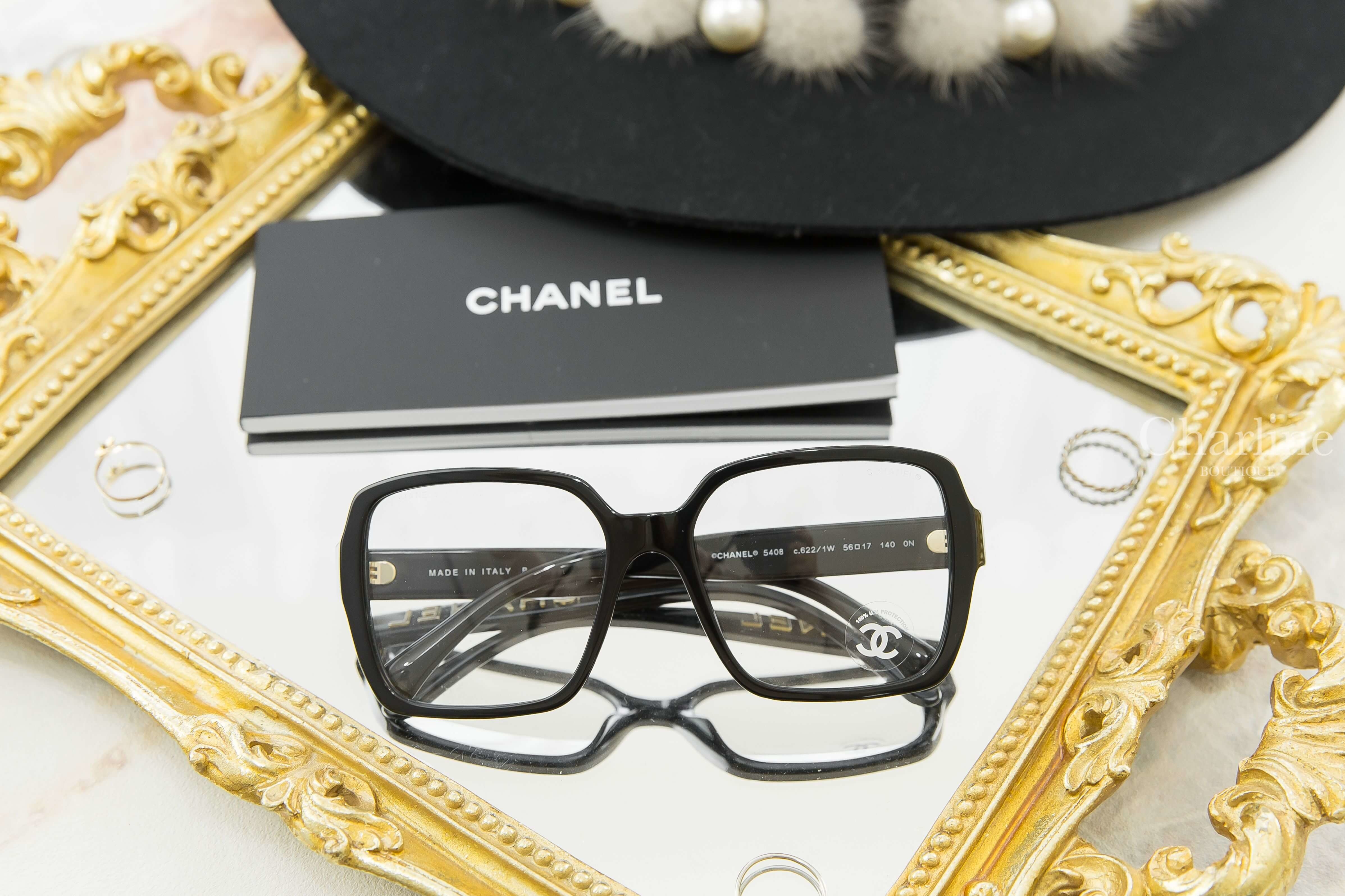 Chanel Square Sunglasses 黑色方框側邊金色 Logo 平光眼鏡-Charline Boutique 精品代購