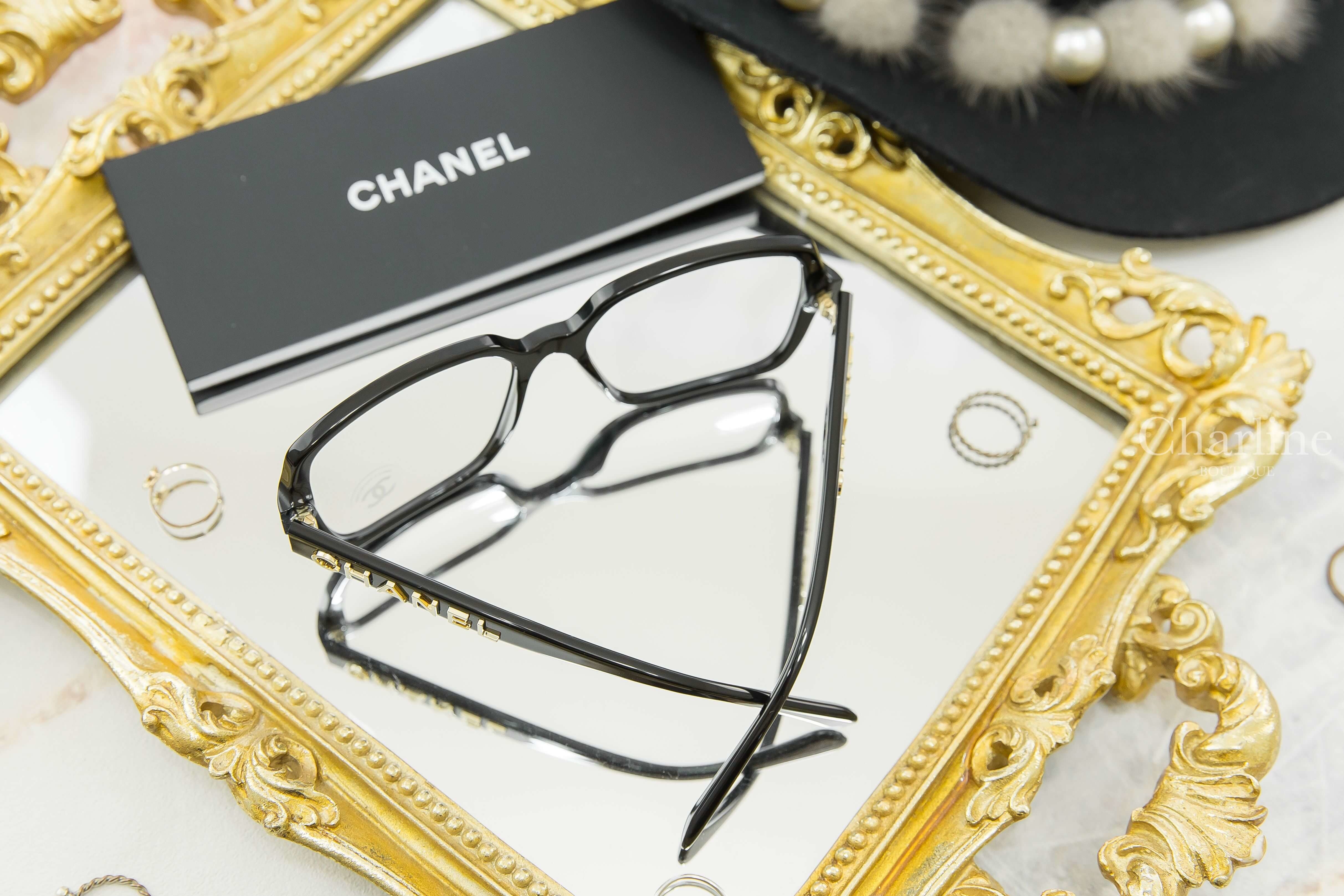 Chanel Square Sunglasses 黑色方框側邊金色 Logo 平光眼鏡-Charline Boutique 精品代購