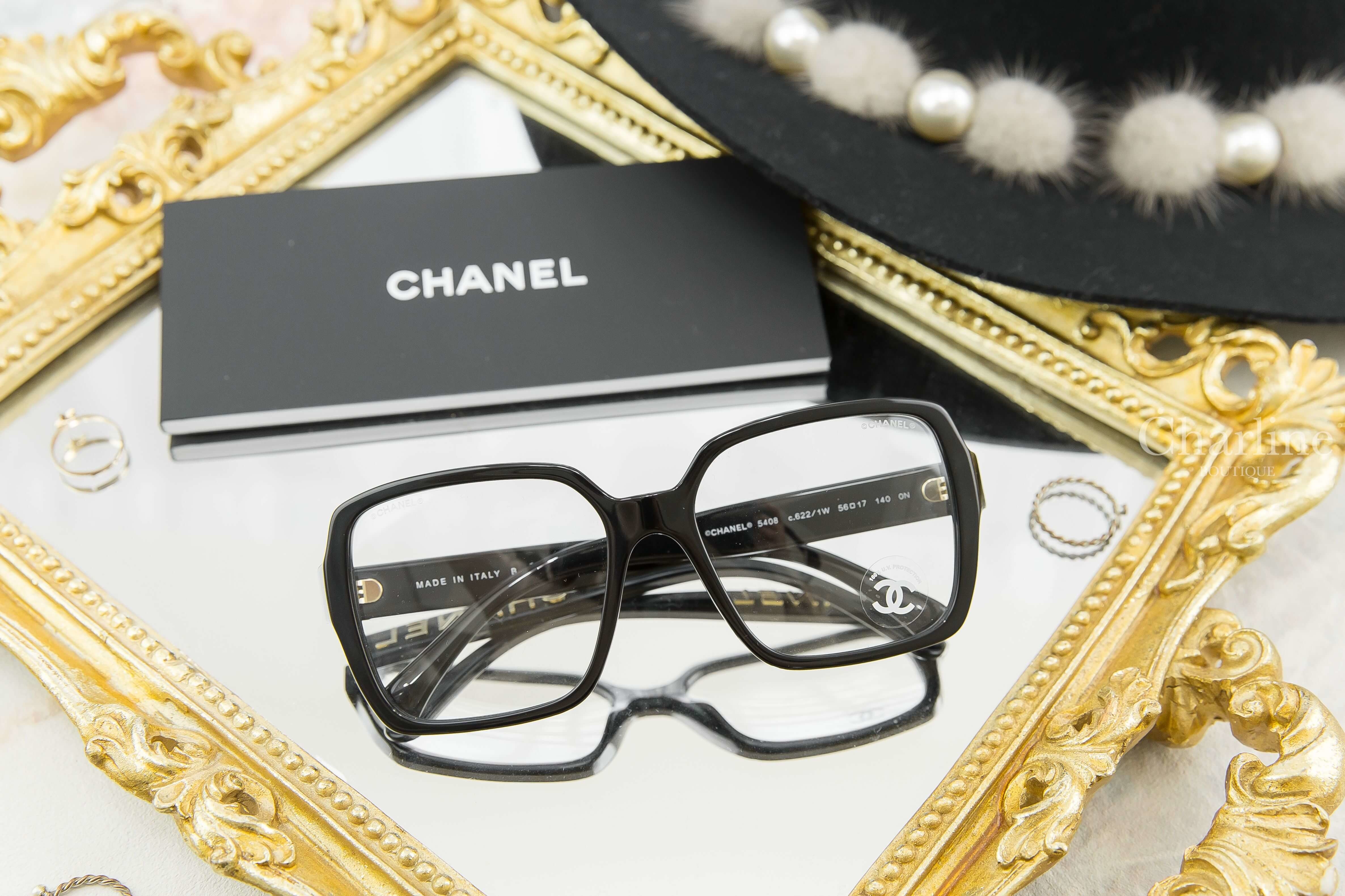 Chanel Square Sunglasses 黑色方框側邊金色 Logo 平光眼鏡
