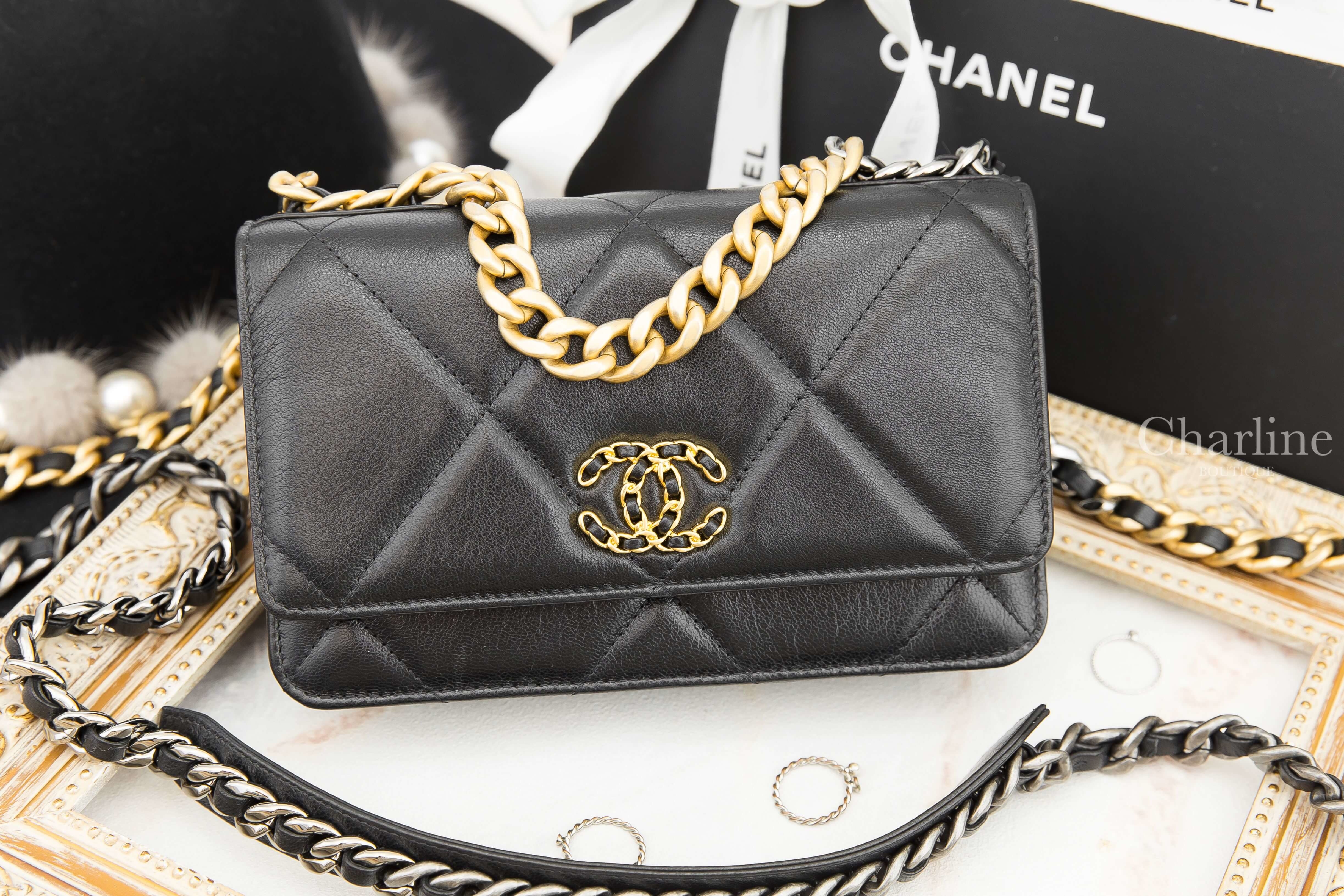 Chanel 19 Wallet On Chain 黑色金CC黑金漸層鍊帶山羊皮大菱格紋肩背包