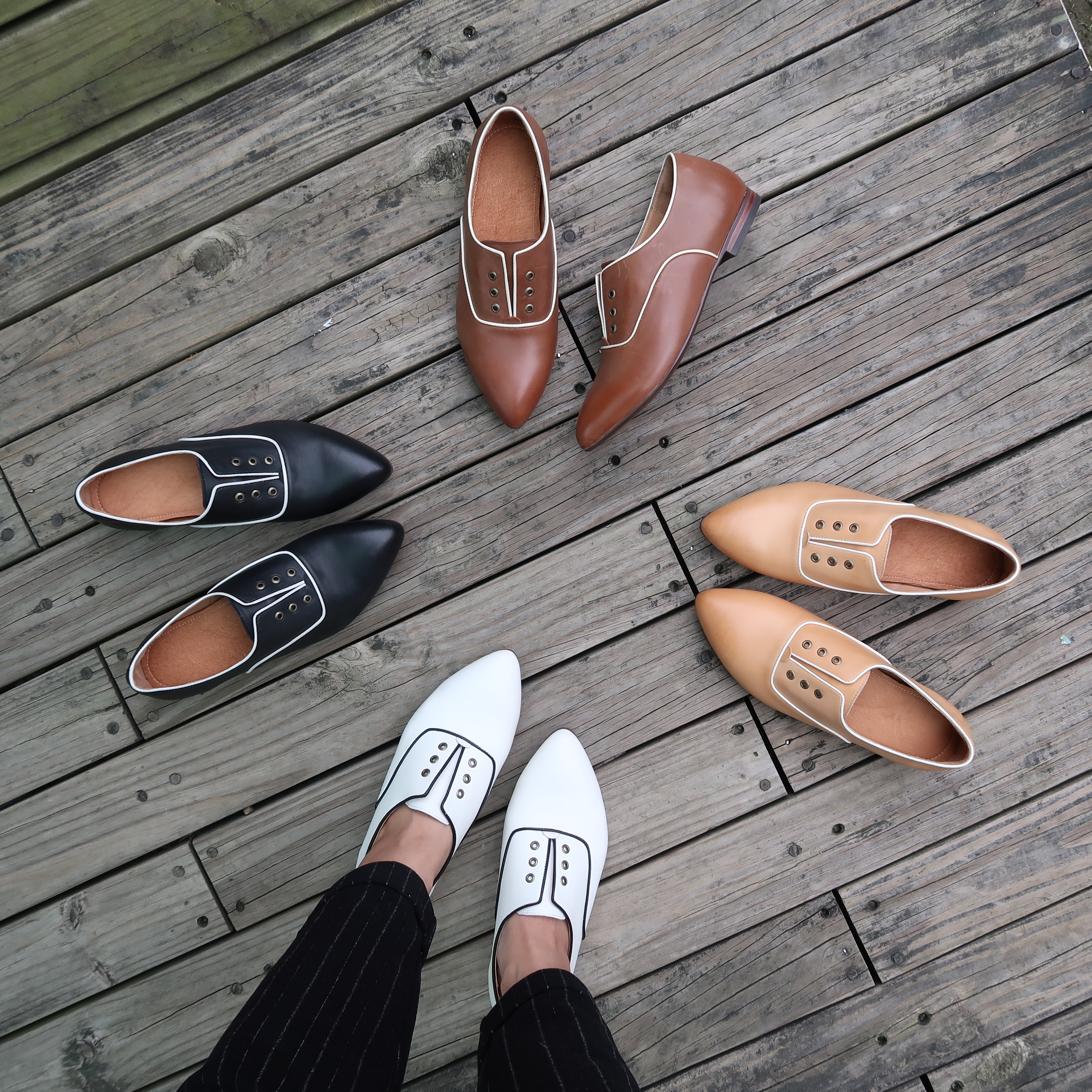 【古典爵士】牛皮手工滾邊真皮鞋跟微尖楦平底牛津懶人鞋微紳士鞋