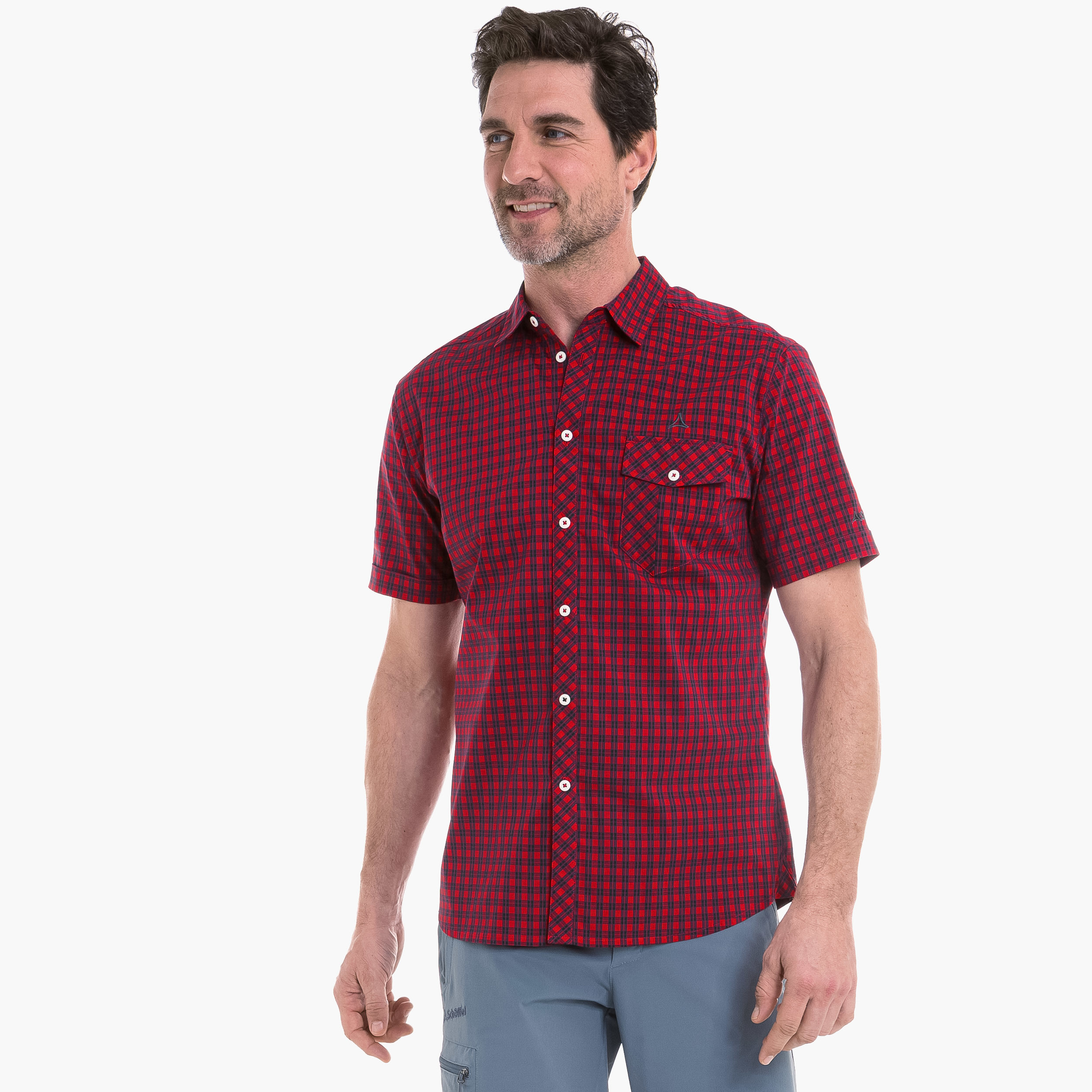 【Schoffel】男排汗透氣抗UV短袖格子襯衫 / 0SL20-22872-格紋紅