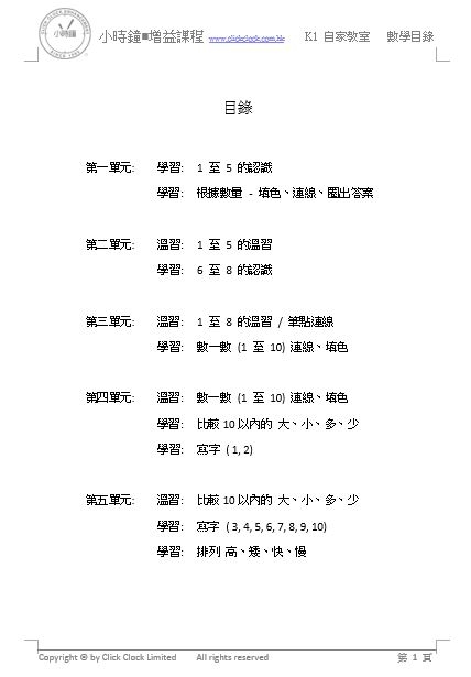 自家教室 數學 K1 目錄