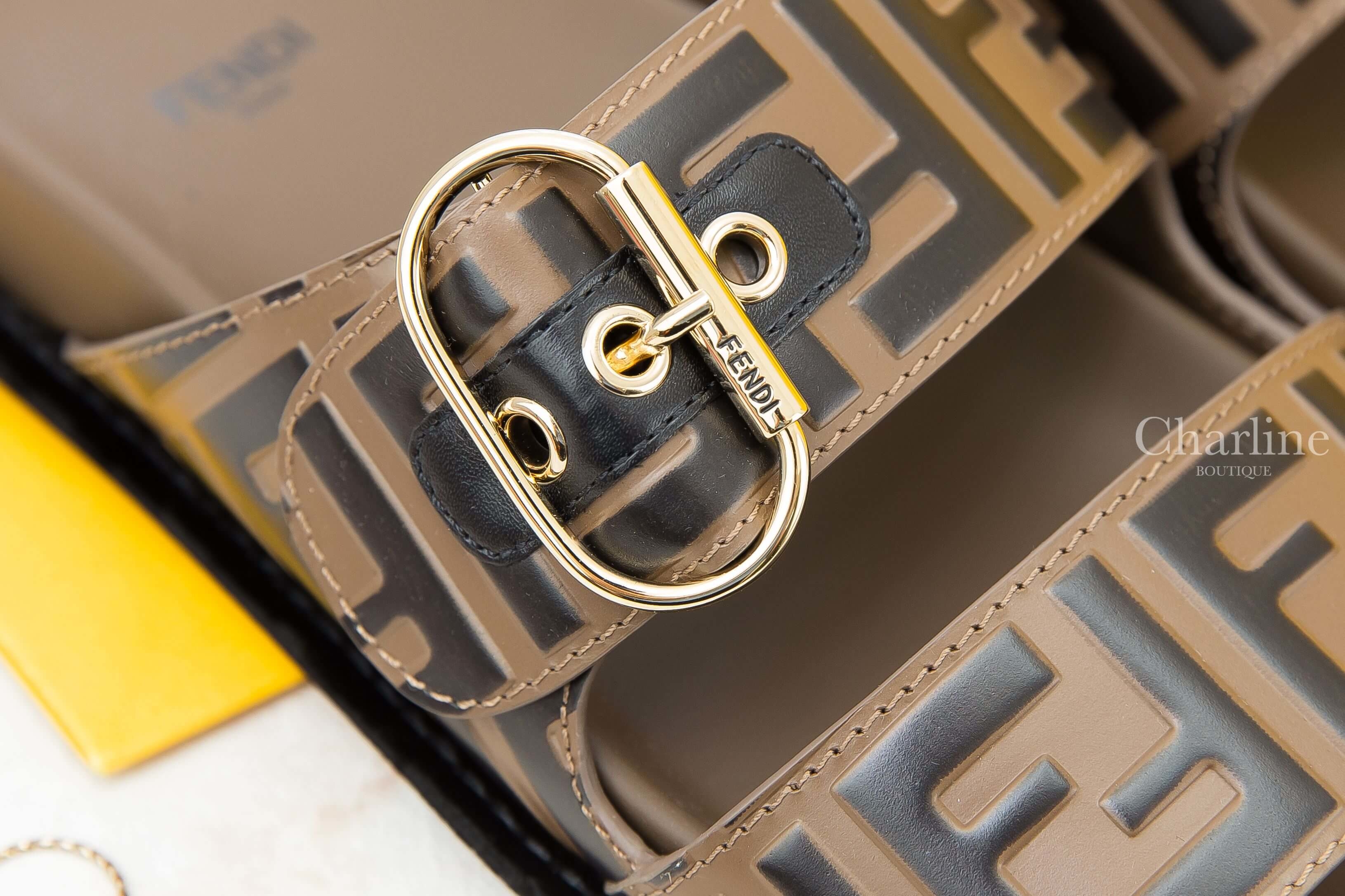 Fendi Slides 咖啡色金釦黑色FF老花小牛皮拖鞋