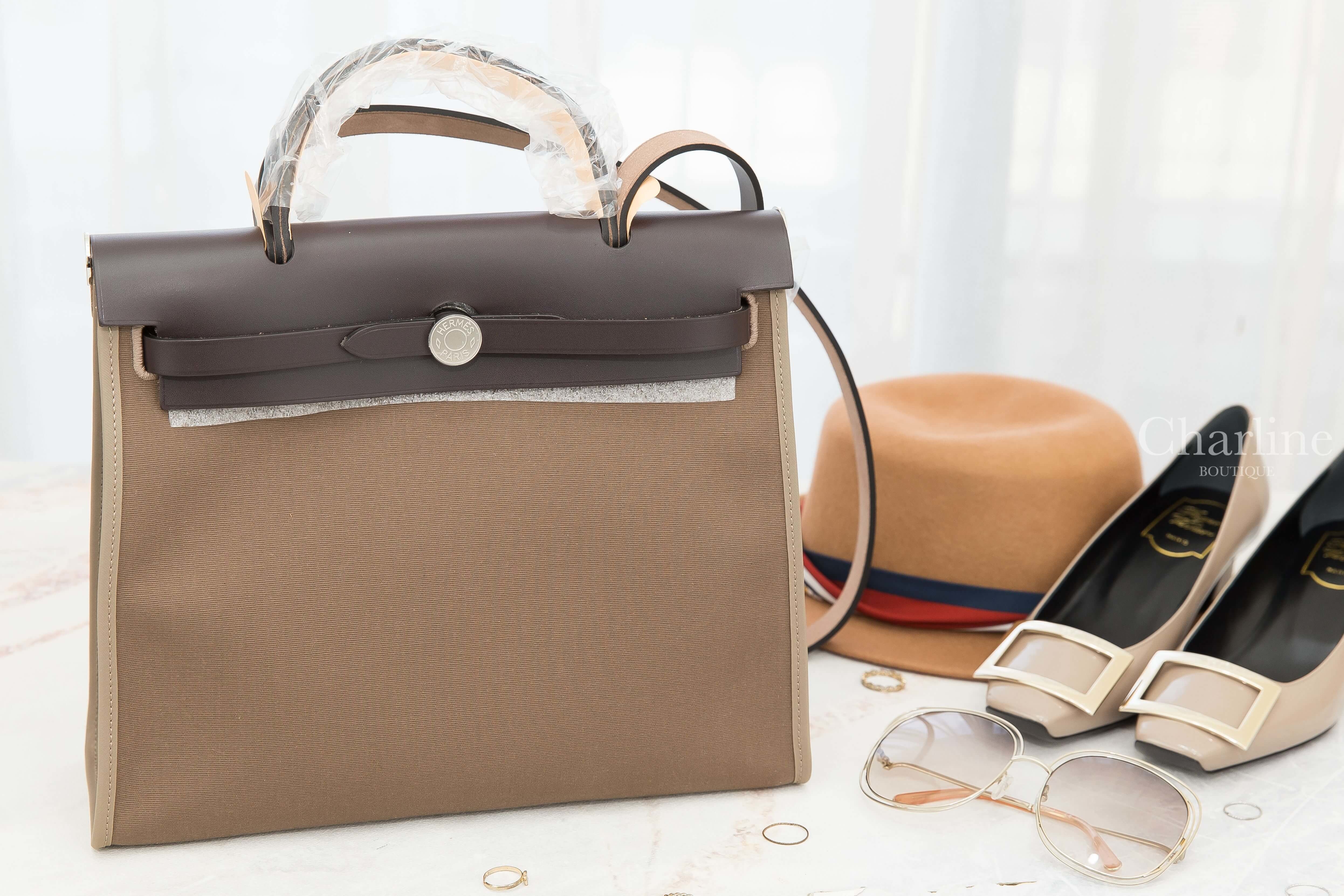 Hermès Herbag Zip 31cm 18 Etoupe Toile Officier / 46 Ebene Vache Hunter 大象灰拼烏木色銀釦手提肩背包