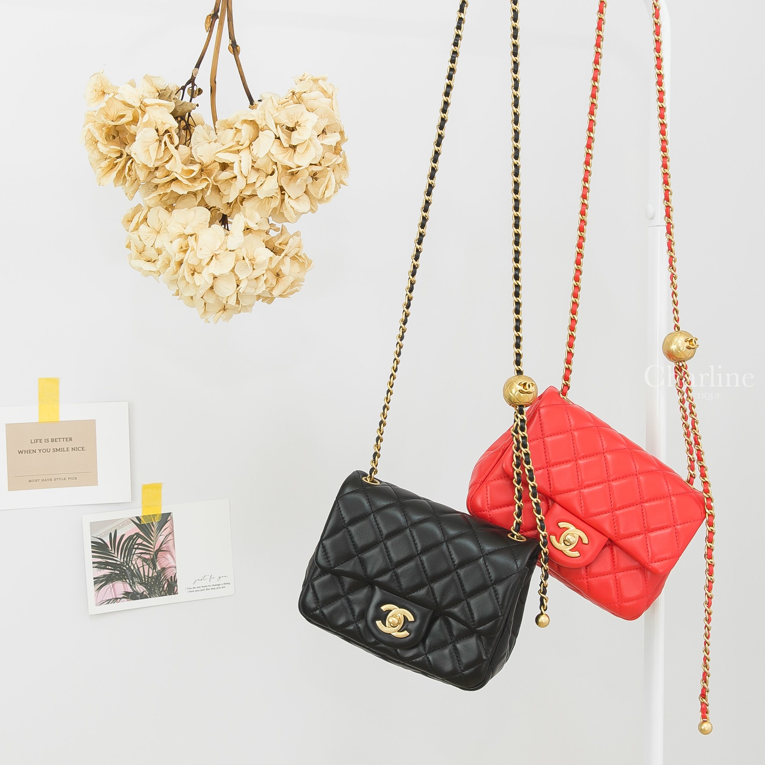 Chanel Flap Bag 黑色金CC金色小珠鍊帶小羊皮菱格紋肩背包,Chanel Flap Bag 紅色金CC金色小珠鍊帶小羊皮菱格紋肩背包-Charline Boutique 精品代購
