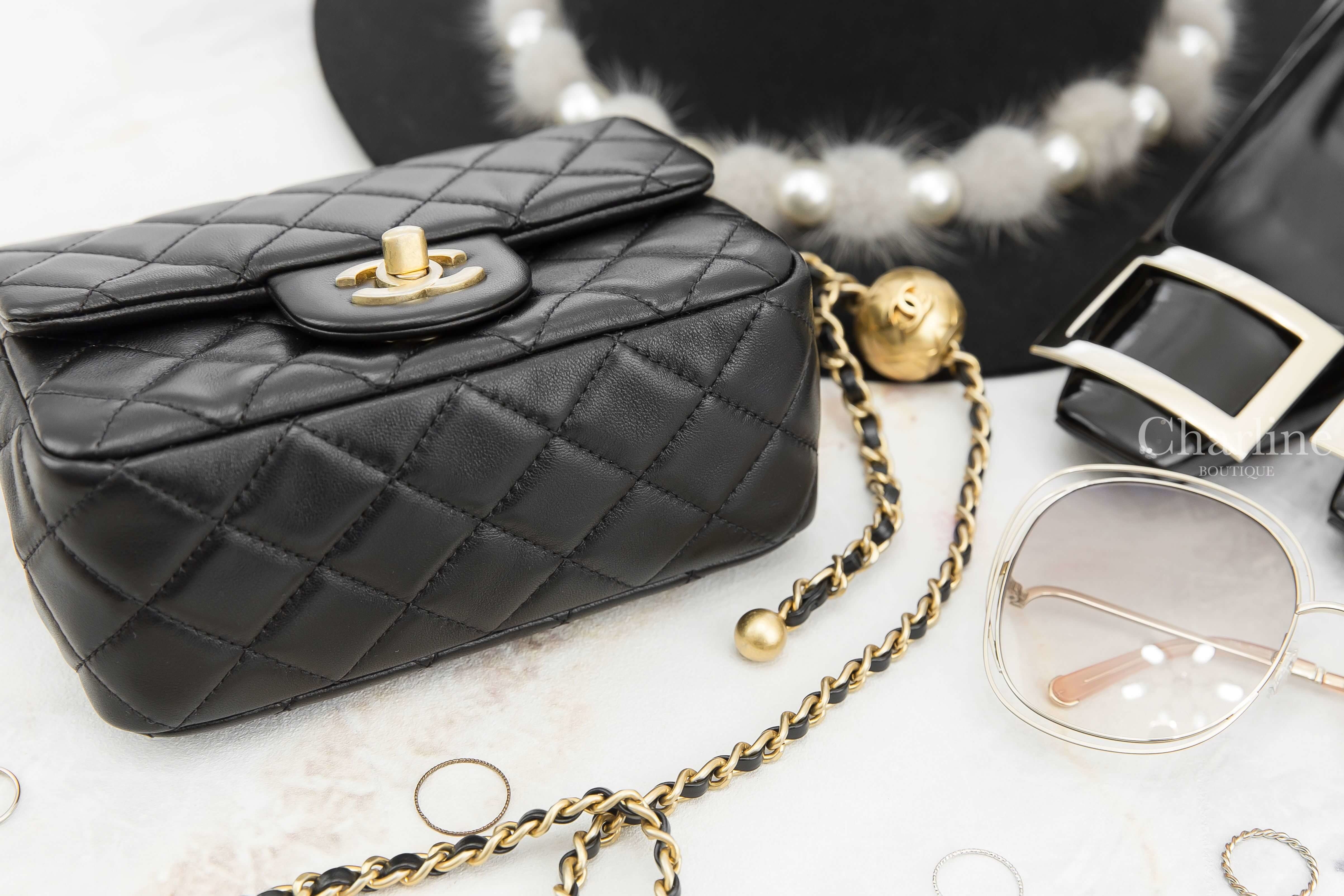 Chanel Flap Bag 黑色金CC金色小珠鍊帶小羊皮菱格紋肩背包-Charline Boutique 精品代購