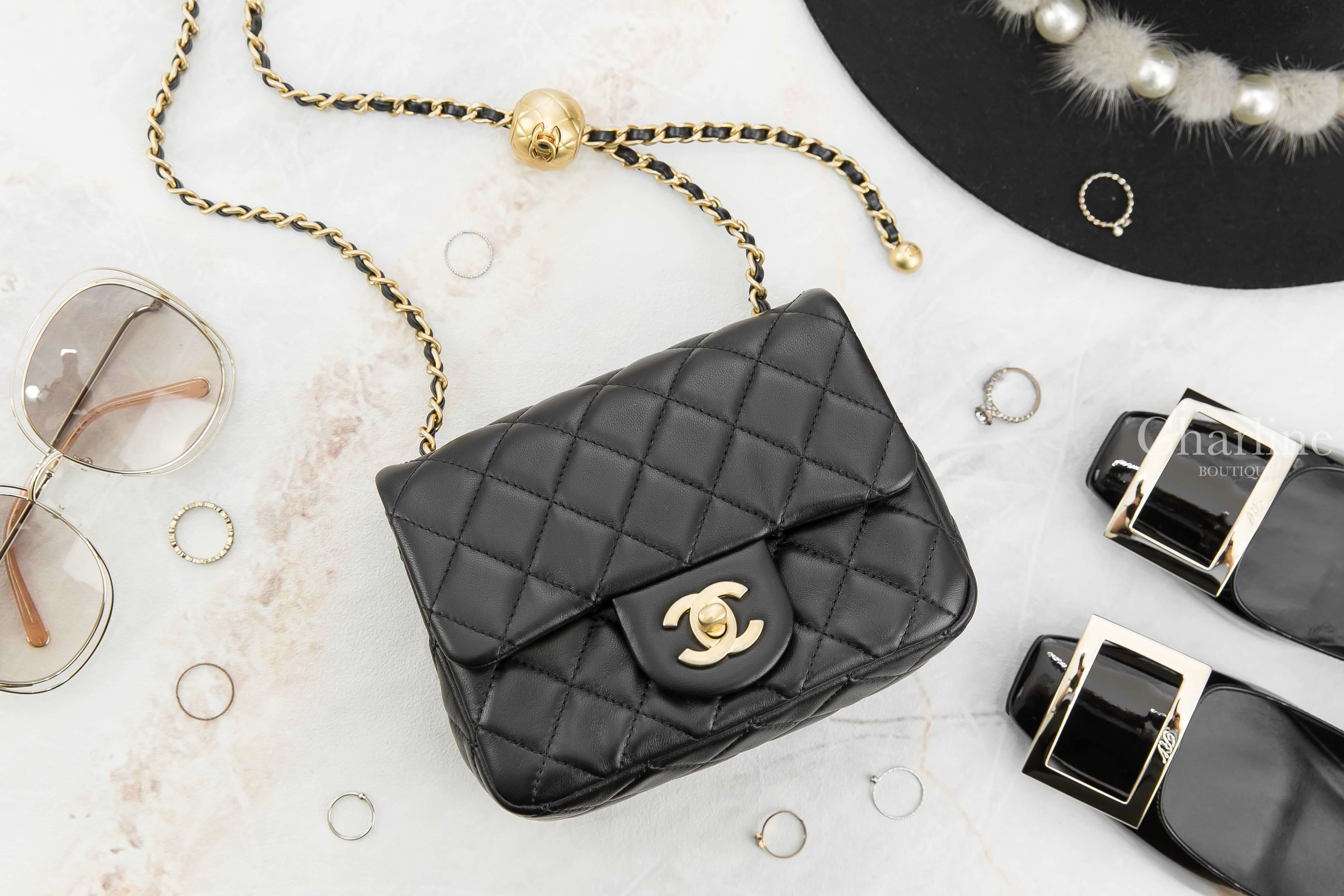 Chanel Flap Bag 黑色金CC金色小珠鍊帶小羊皮菱格紋肩背包-Charline Boutique 精品代購