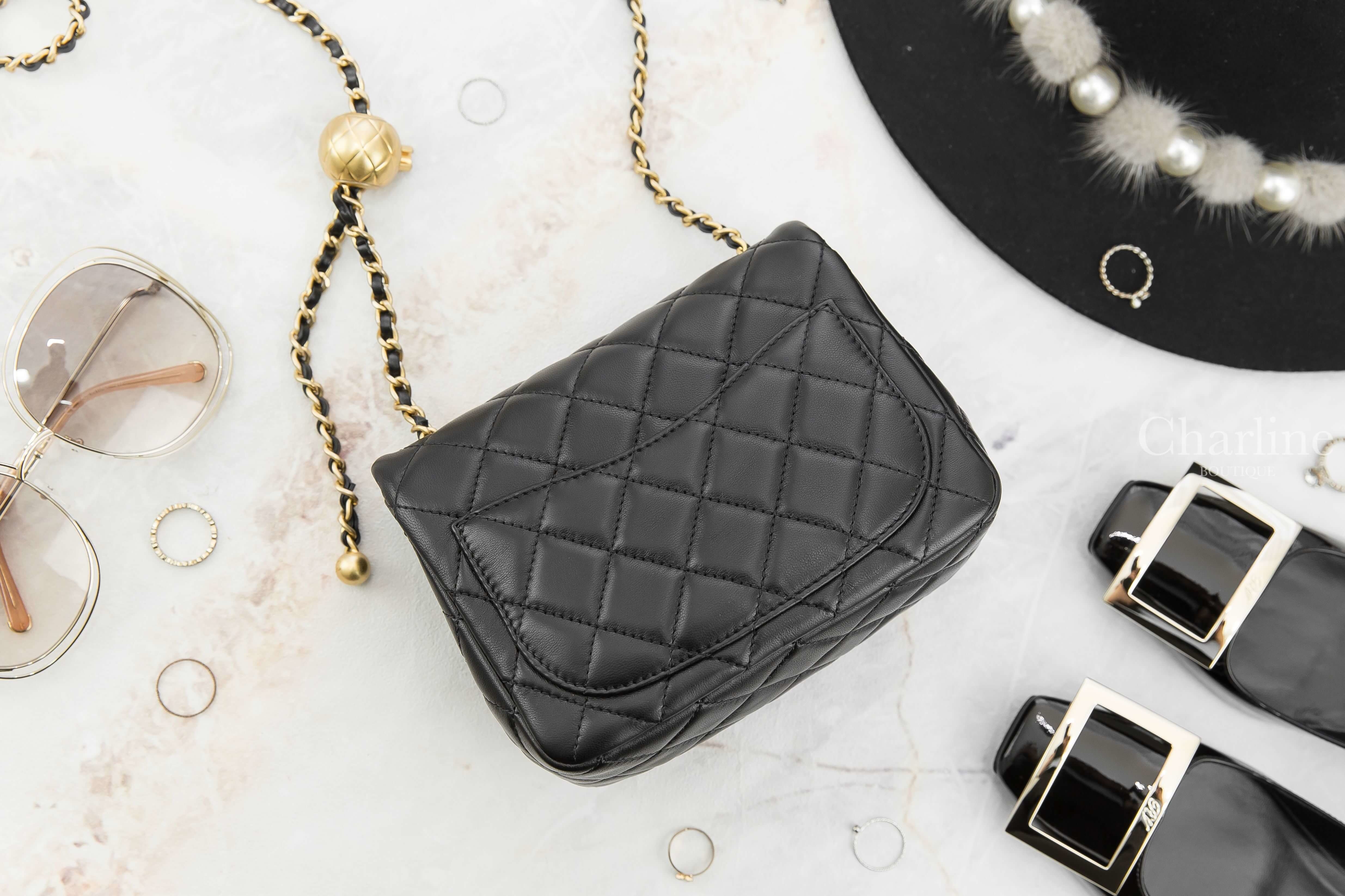 Chanel Flap Bag 黑色金CC金色小珠鍊帶小羊皮菱格紋肩背包-Charline Boutique 精品代購