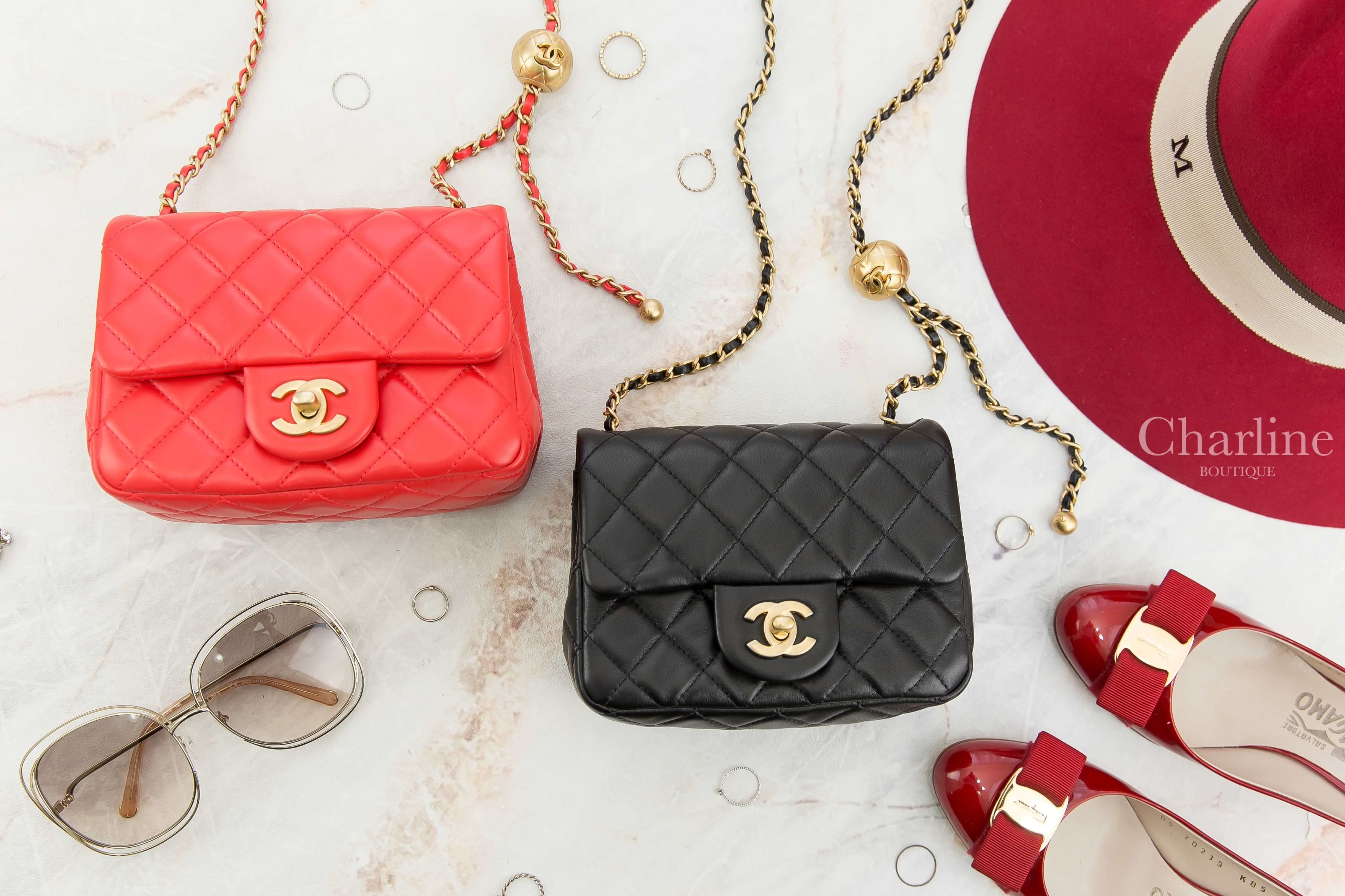 Chanel Flap Bag 黑色金CC金色小珠鍊帶小羊皮菱格紋肩背包,Chanel Flap Bag 紅色金CC金色小珠鍊帶小羊皮菱格紋肩背包-Charline Boutique 精品代購