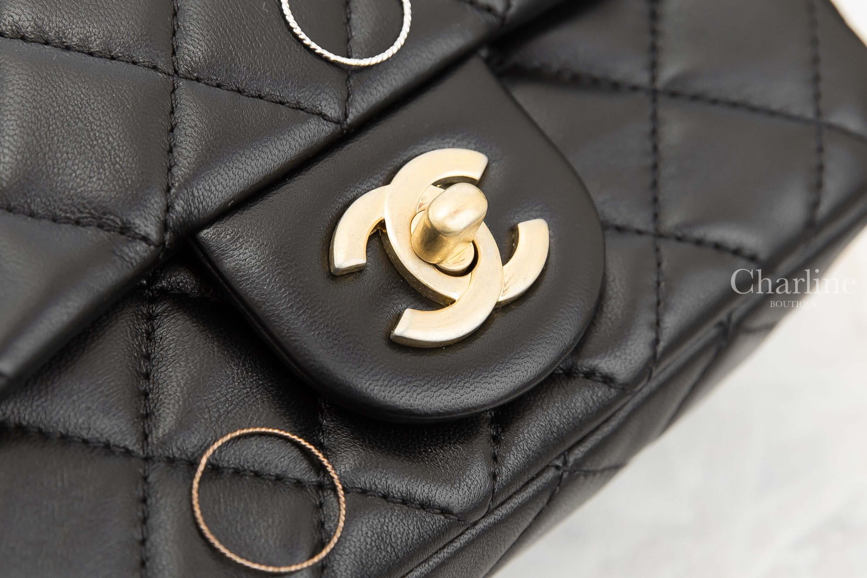 Chanel Mini Flap Bag 黑色金CC金色小珠鍊帶17cm小羊皮菱格紋肩背包